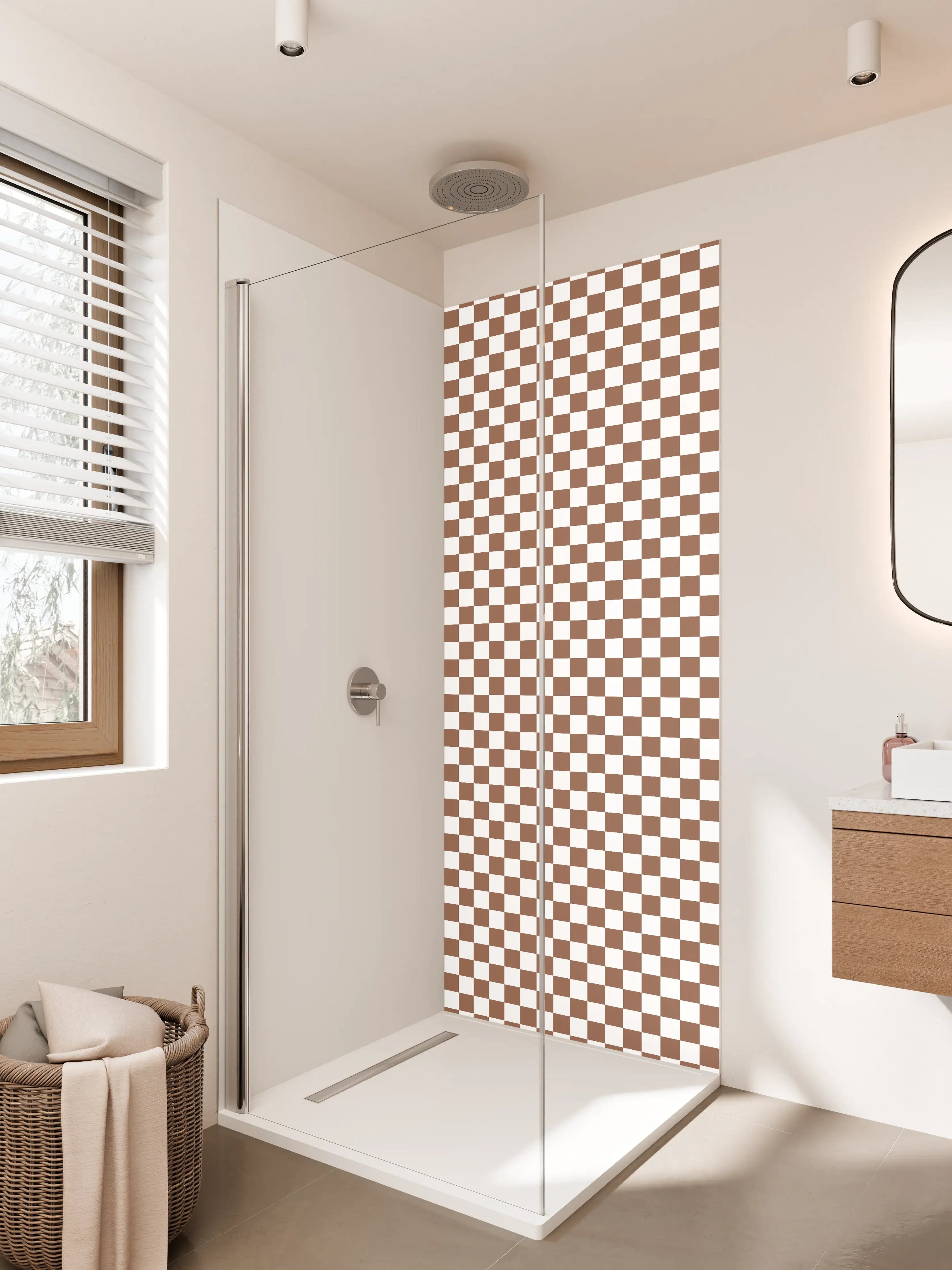 Duschrückwand - Retro-Karo-Muster in Braun Weiß