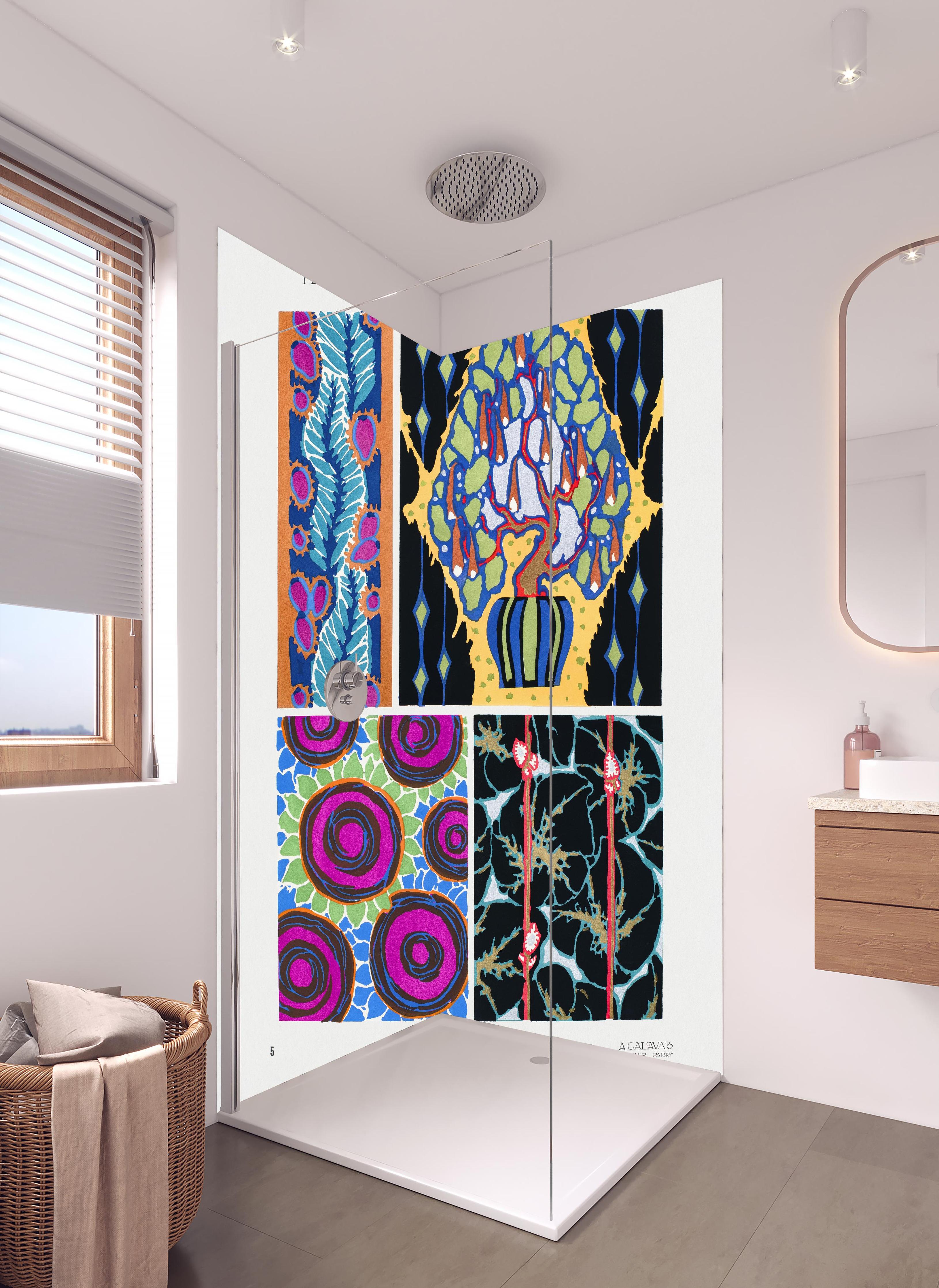 Duschrückwand - Retro Kollage - Französisch in hellem Badezimmer mit Regenduschkopf - zweiteilige Eck-Duschrückwand