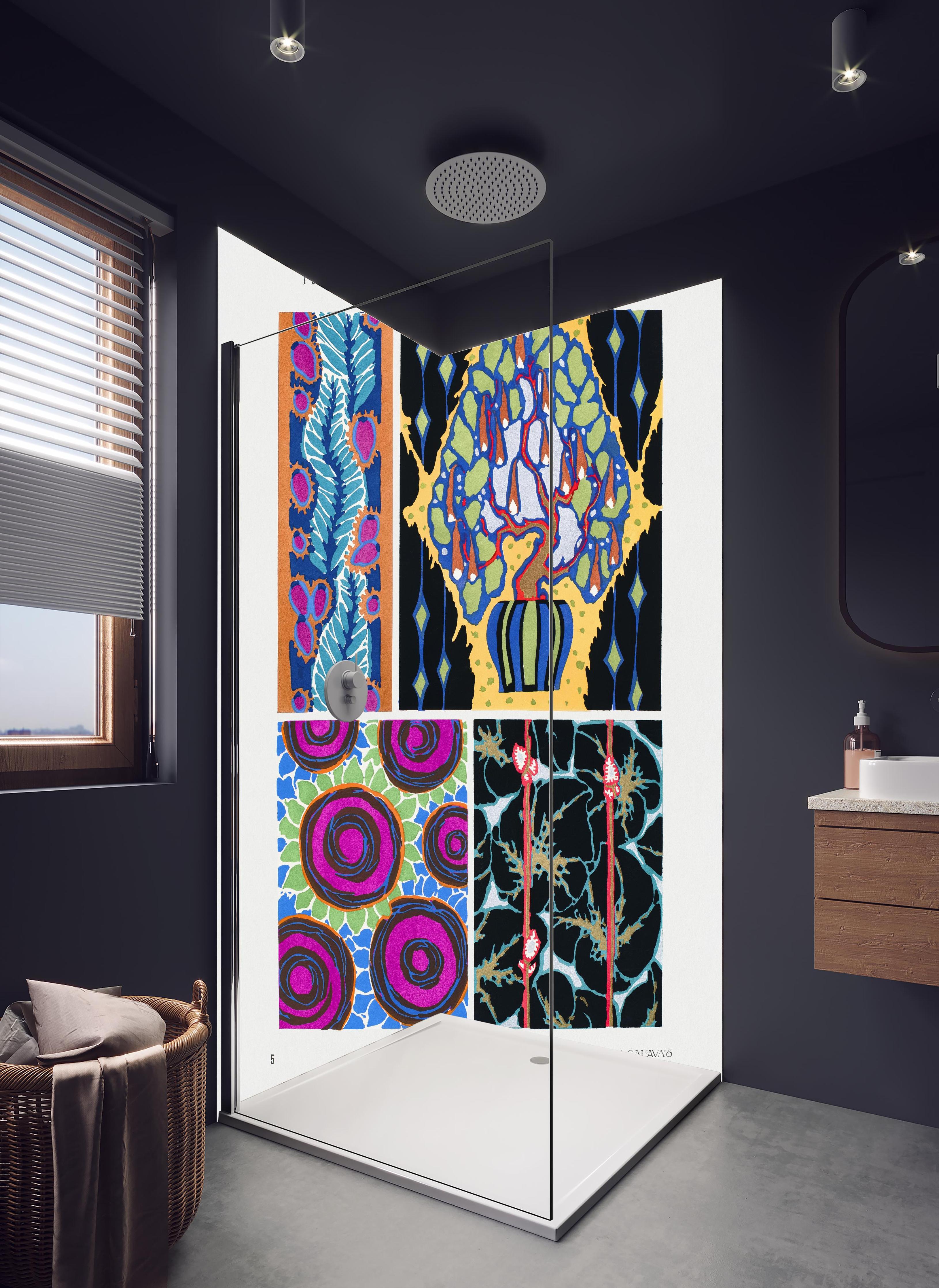 Duschrückwand - Retro Kollage - Französisch in hellem Badezimmer mit Regenduschkopf - zweiteilige Eck-Duschrückwand