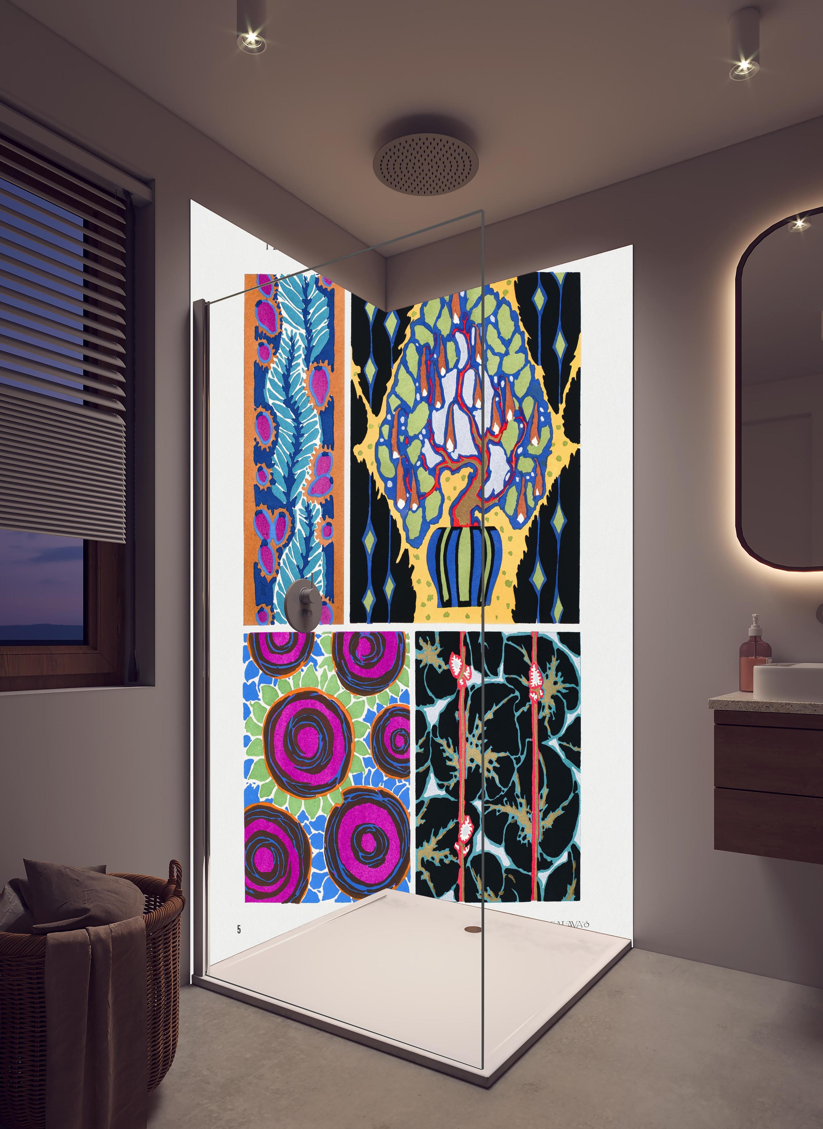 Duschrückwand - Retro Kollage - Französisch in hellem Badezimmer mit Regenduschkopf - zweiteilige Eck-Duschrückwand