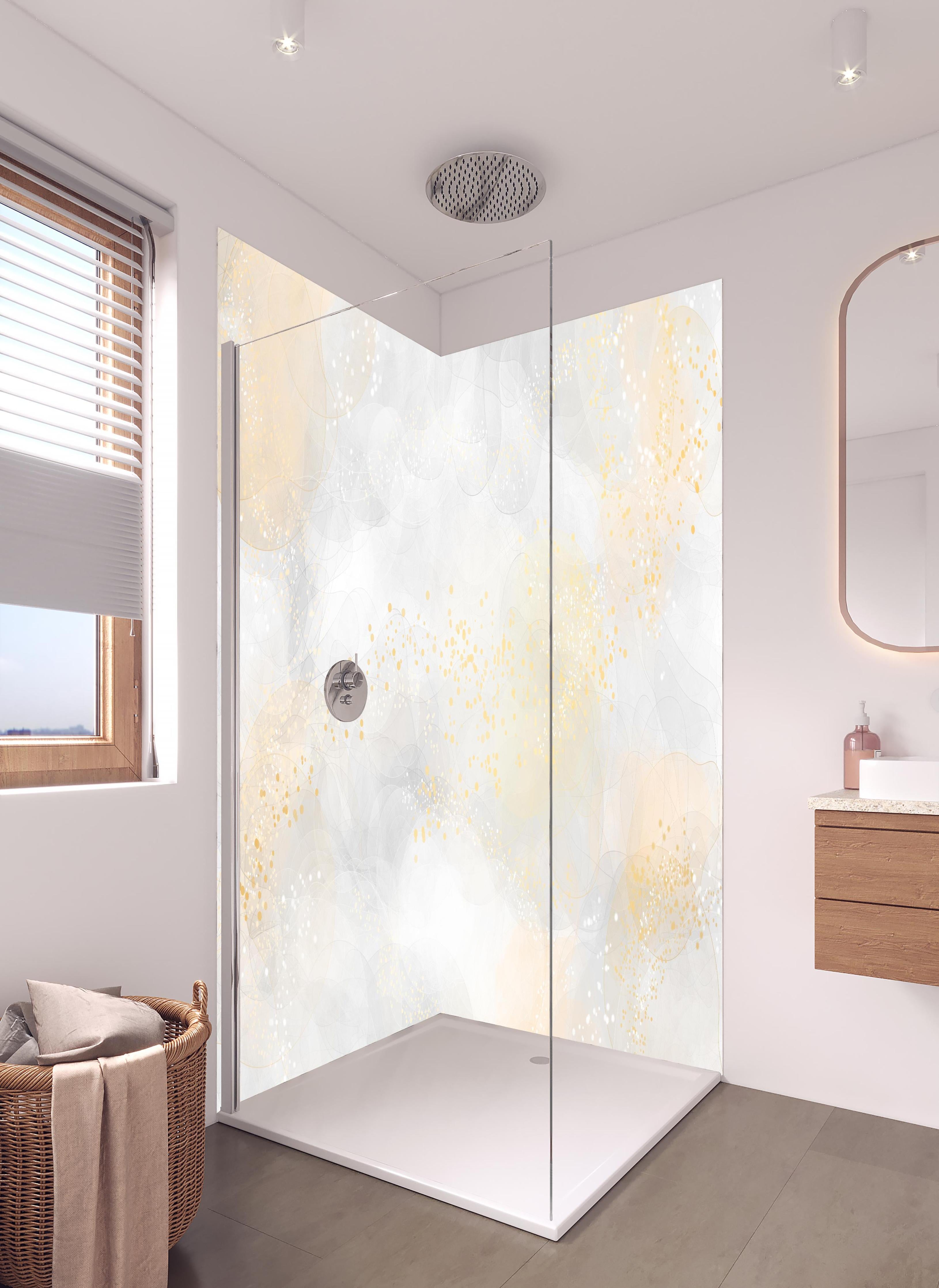Duschrückwand - Retro Kunsttextur - Aquarellillustration in hellem Badezimmer mit Regenduschkopf - zweiteilige Eck-Duschrückwand