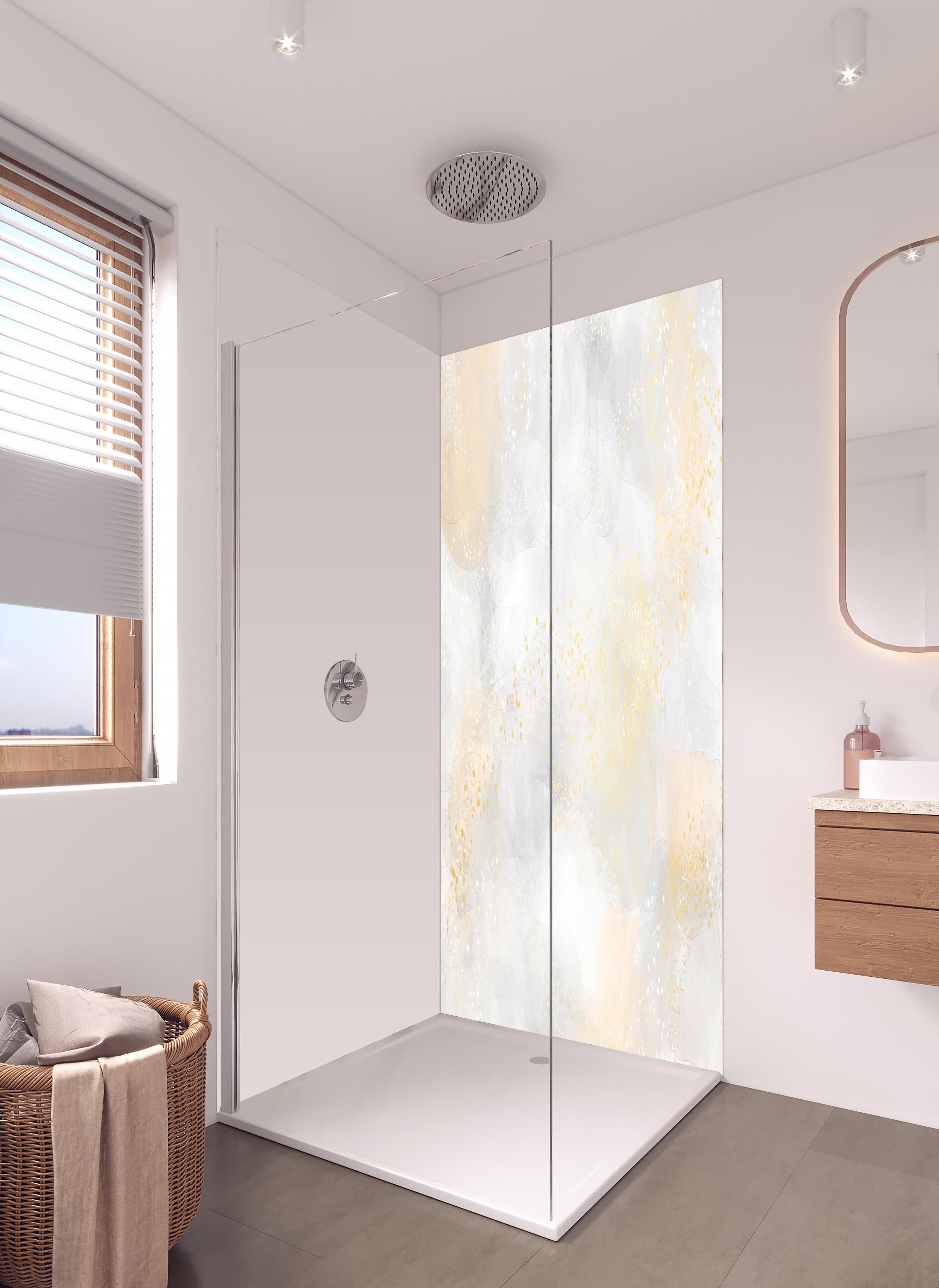 Duschrückwand - Retro Kunsttextur - Aquarellillustration in hellem Badezimmer mit Regenduschkopf - zweiteilige Eck-Duschrückwand