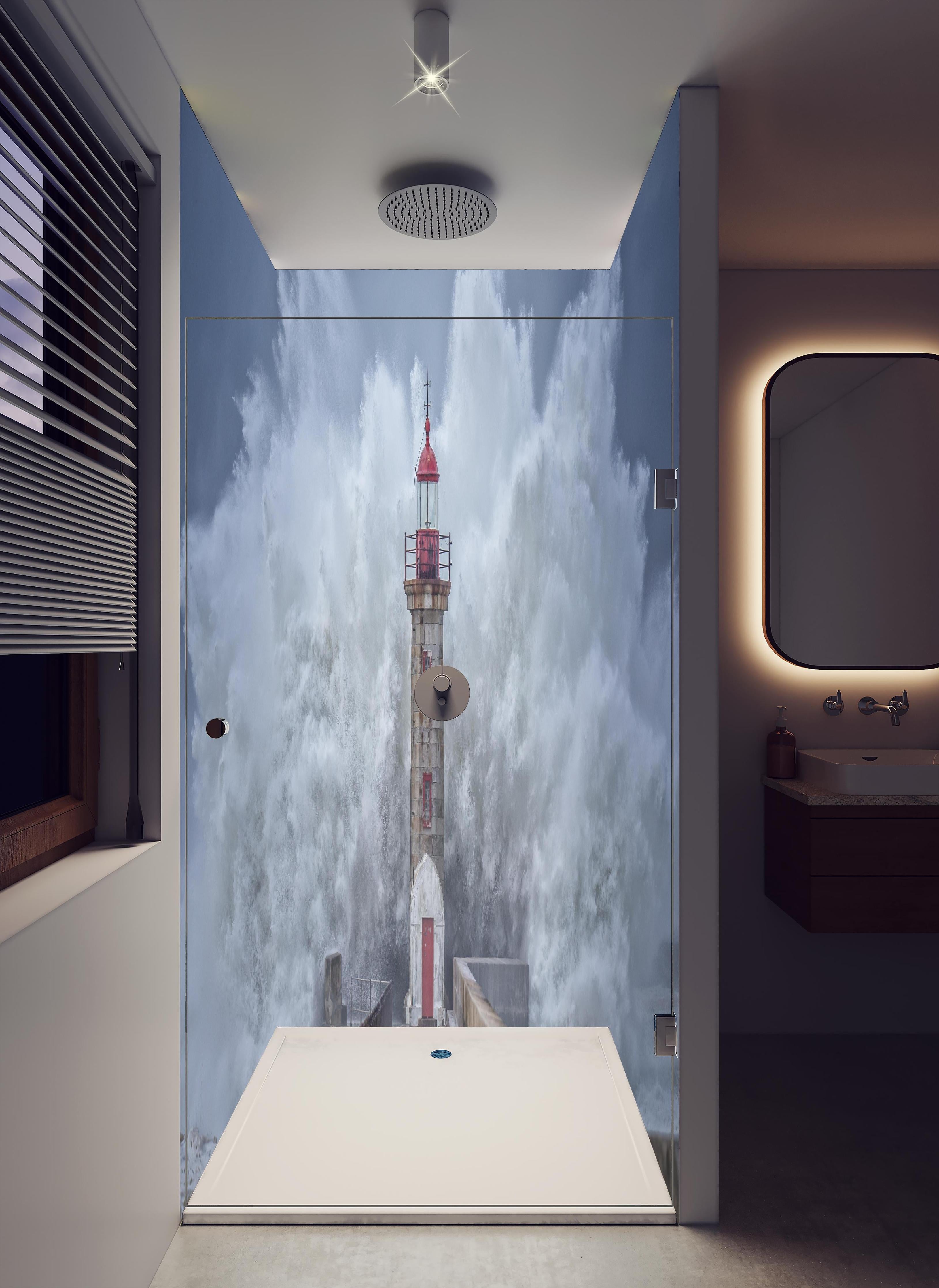 Duschrückwand - Riesenwelle trifft auf Leuchtturn in hellem Badezimmer mit Regenduschkopf - zweiteilige Eck-Duschrückwand