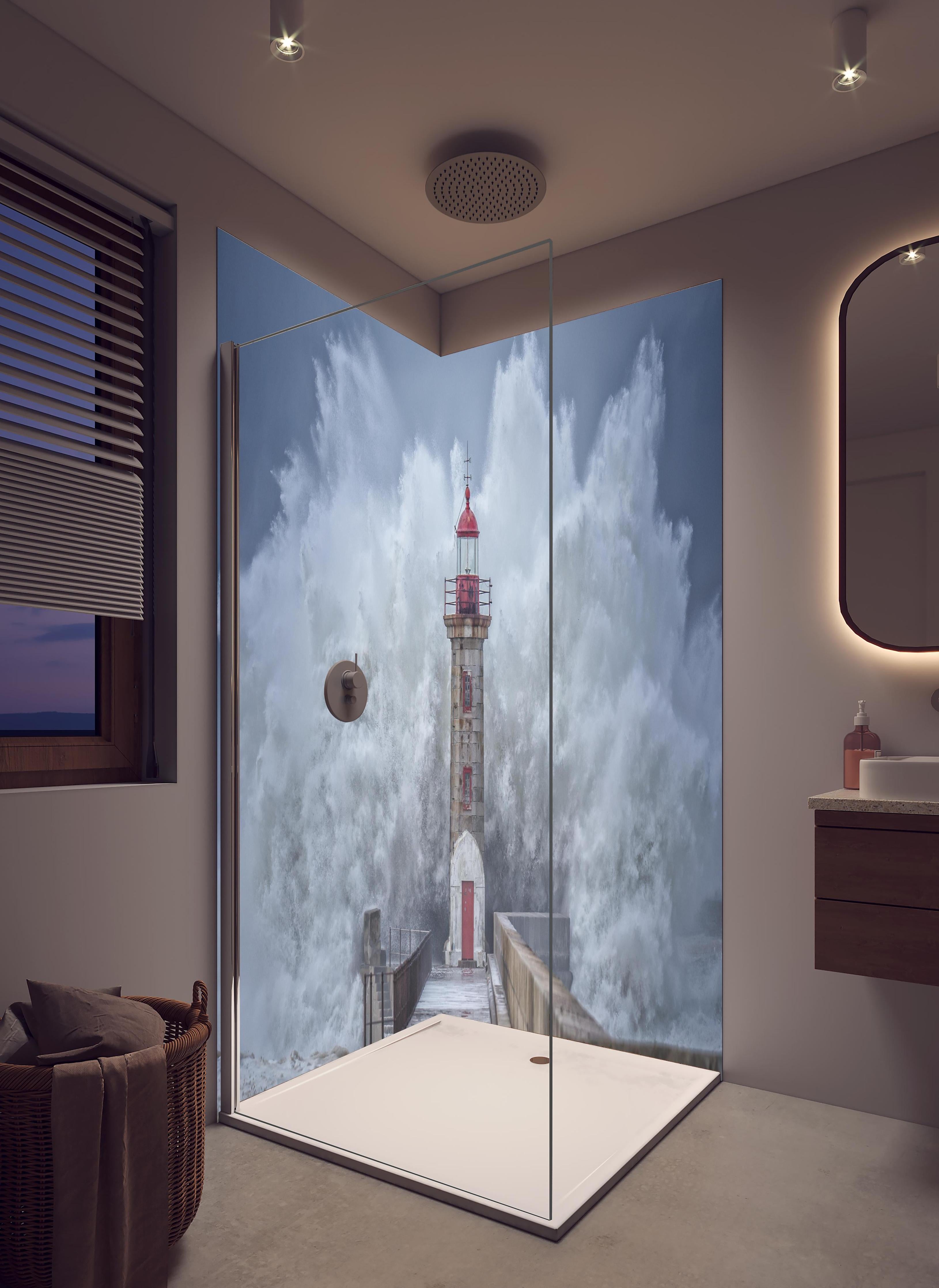 Duschrückwand - Riesenwelle trifft auf Leuchtturn in hellem Badezimmer mit Regenduschkopf - zweiteilige Eck-Duschrückwand