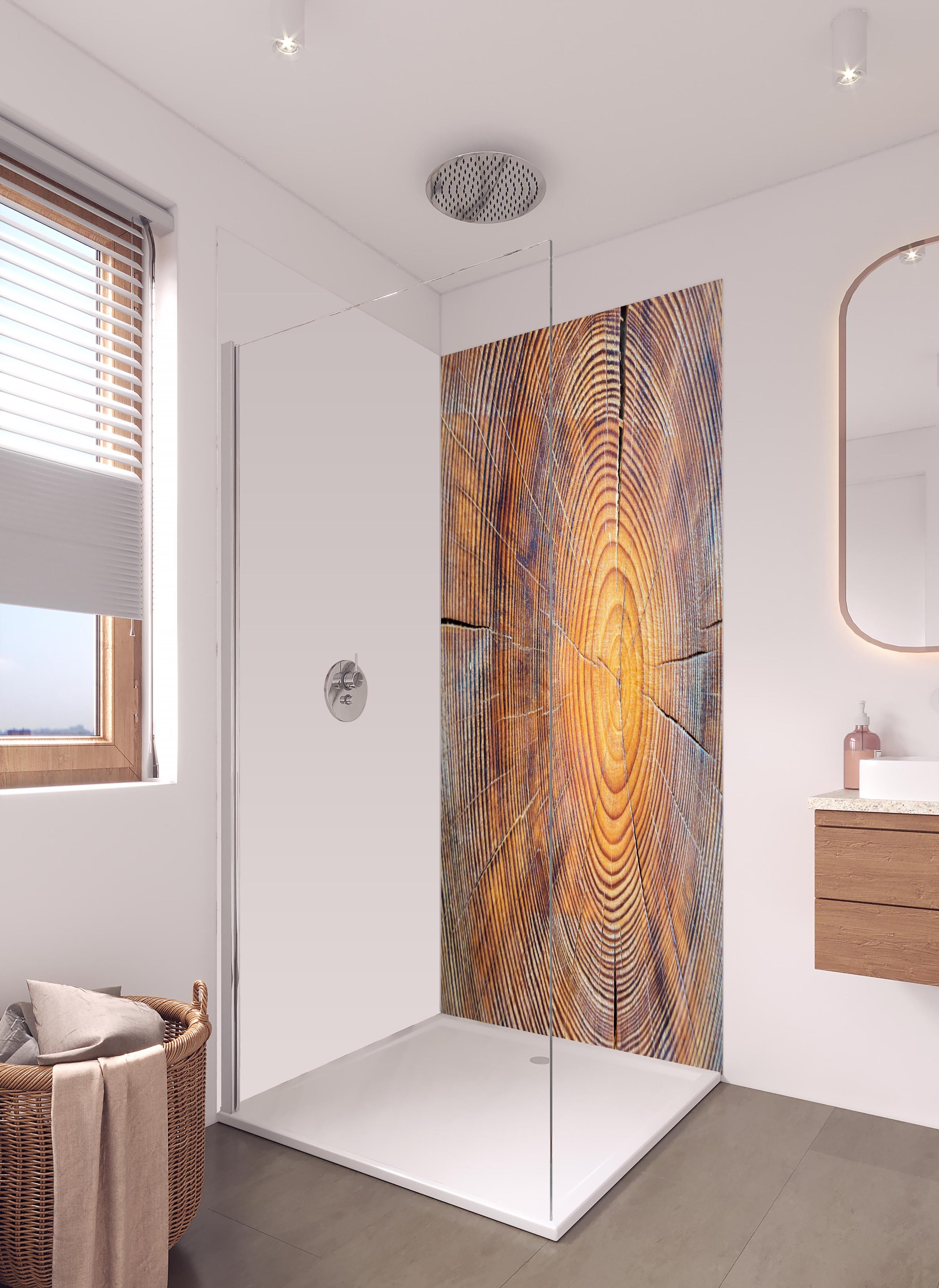 Duschrückwand - Rissiger Holzstumpf in hellem Badezimmer mit Regenduschkopf - zweiteilige Eck-Duschrückwand