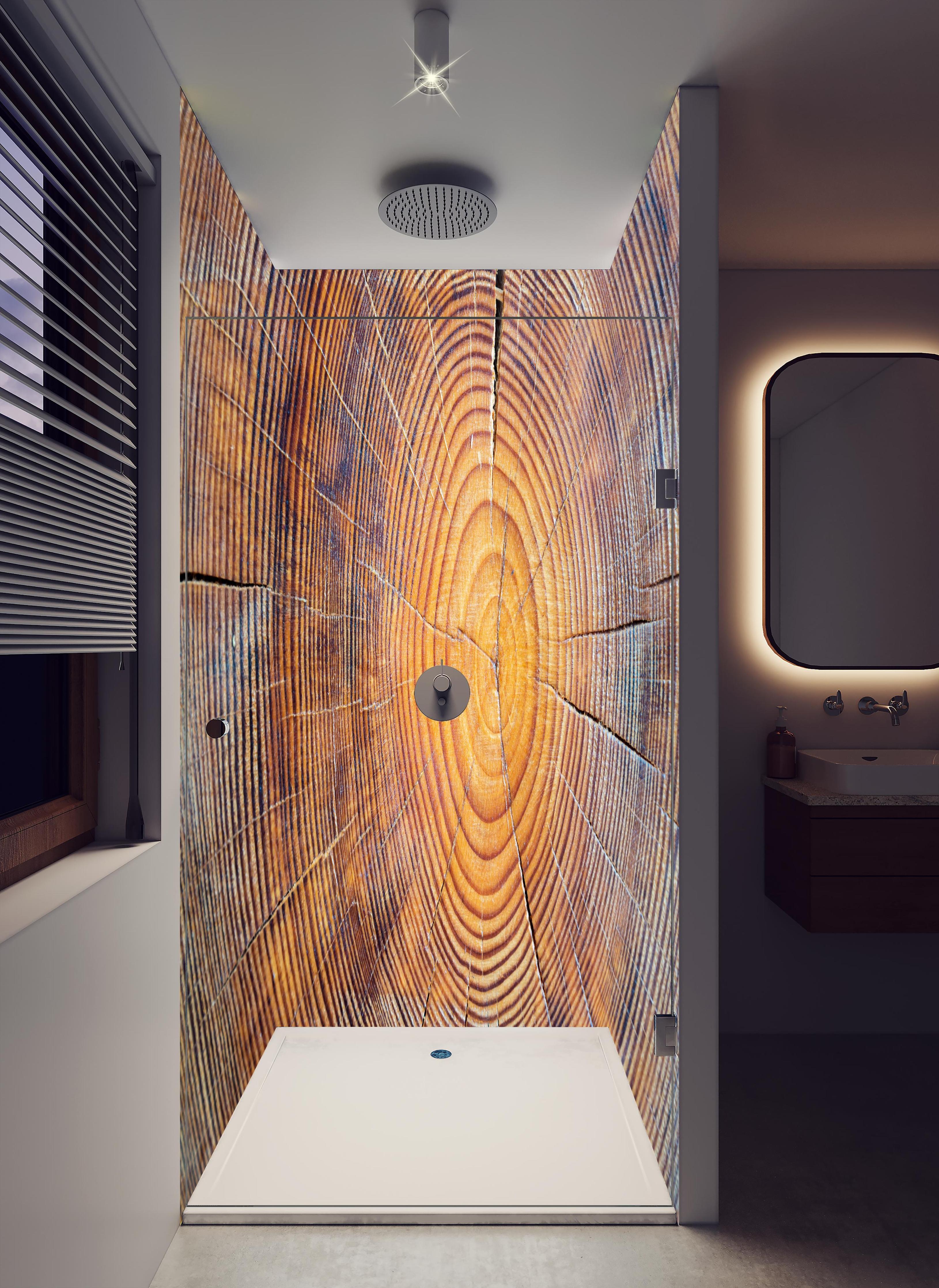 Duschrückwand - Rissiger Holzstumpf in hellem Badezimmer mit Regenduschkopf - zweiteilige Eck-Duschrückwand