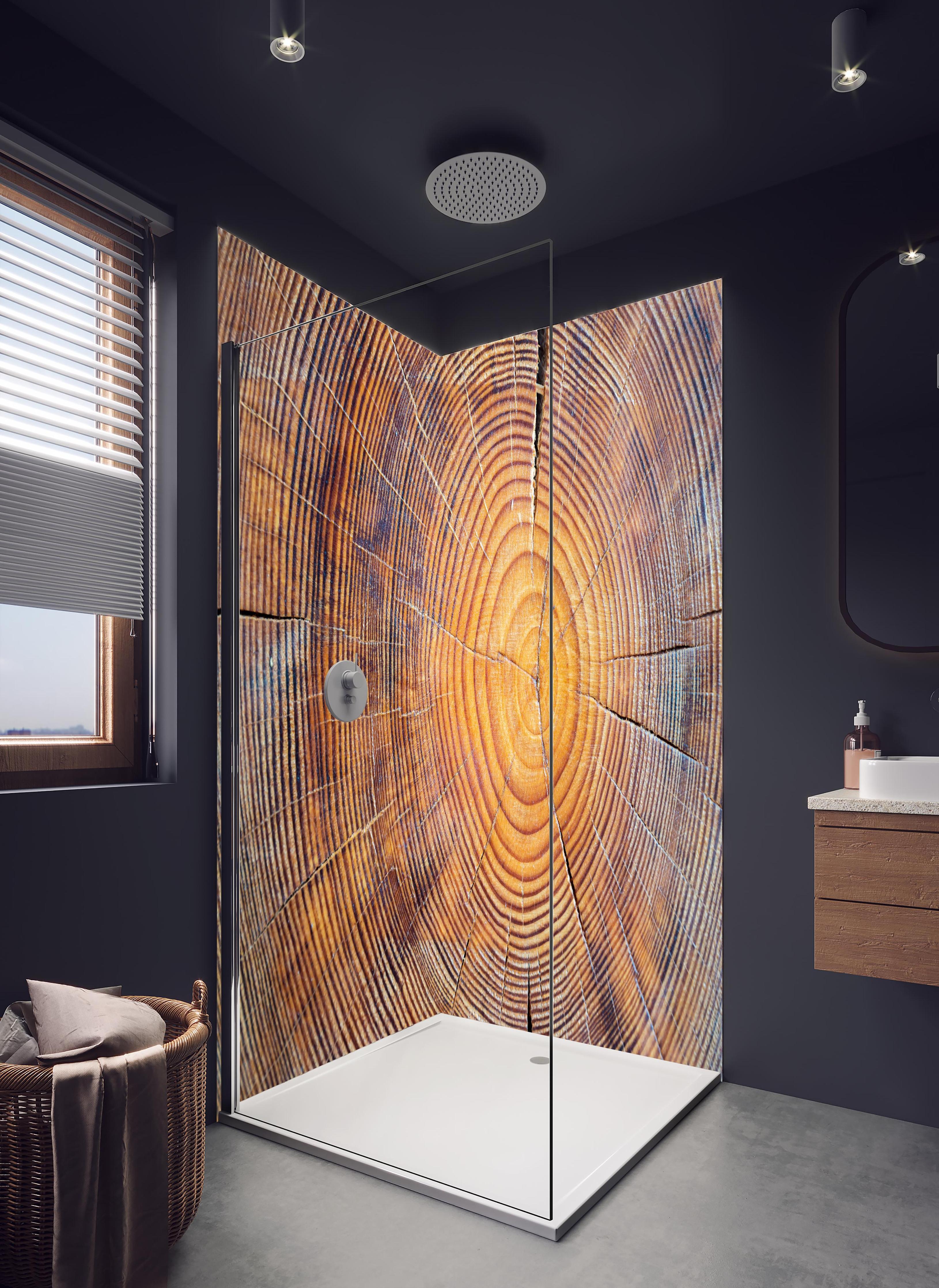Duschrückwand - Rissiger Holzstumpf in hellem Badezimmer mit Regenduschkopf - zweiteilige Eck-Duschrückwand