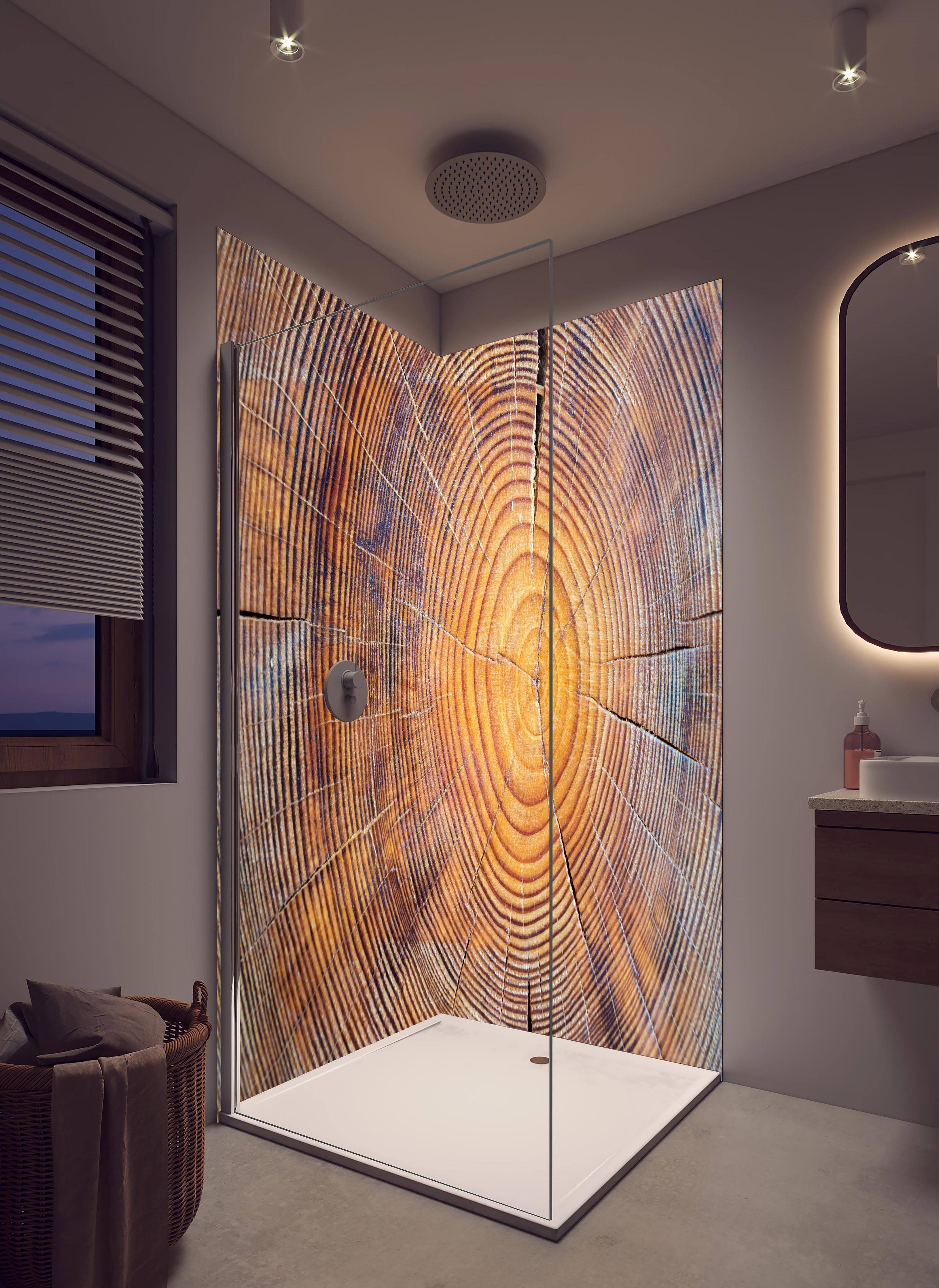 Duschrückwand - Rissiger Holzstumpf in hellem Badezimmer mit Regenduschkopf - zweiteilige Eck-Duschrückwand