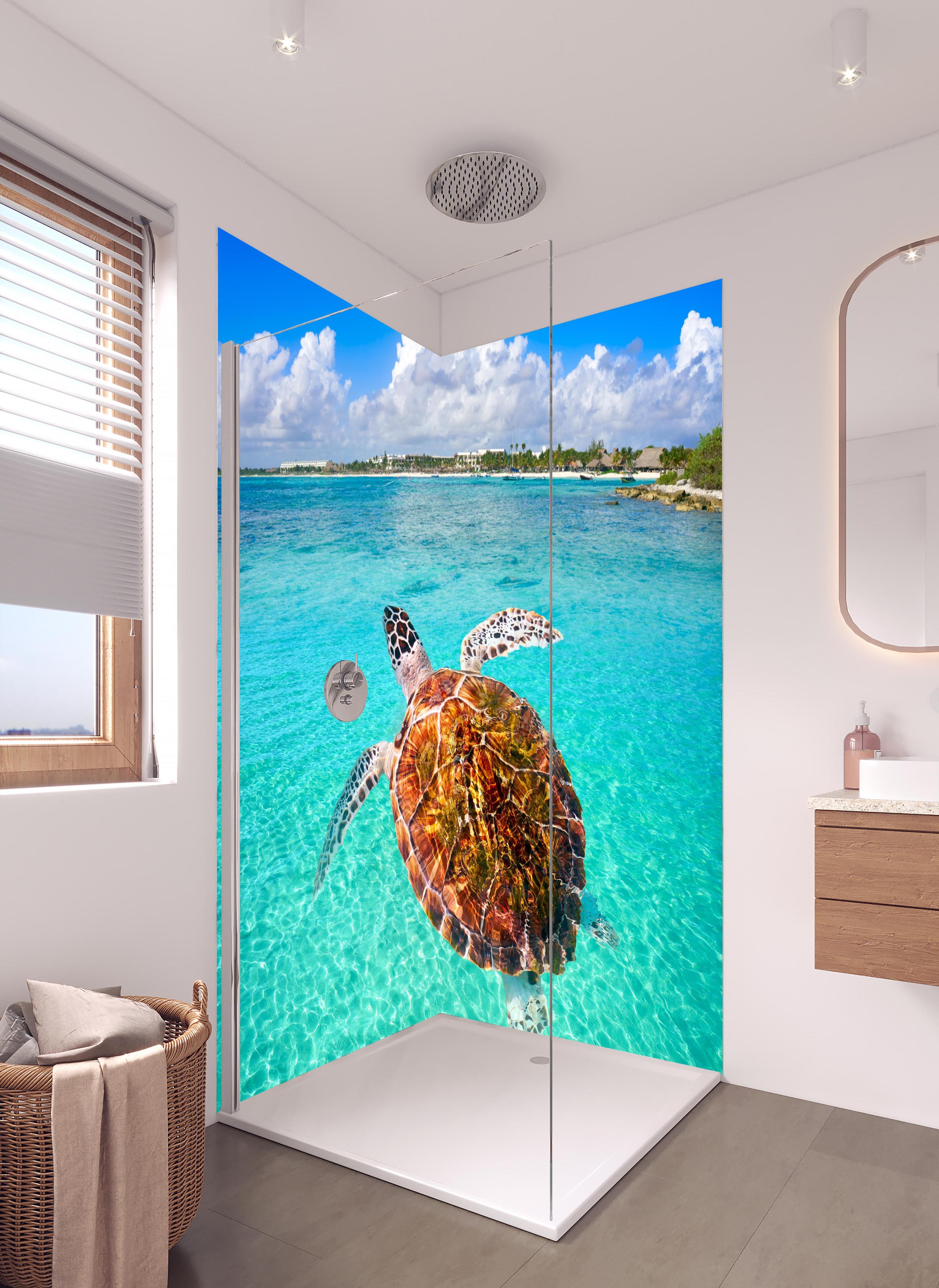 Duschrückwand - Riviera Maya - Mexico in hellem Badezimmer mit Regenduschkopf - zweiteilige Eck-Duschrückwand