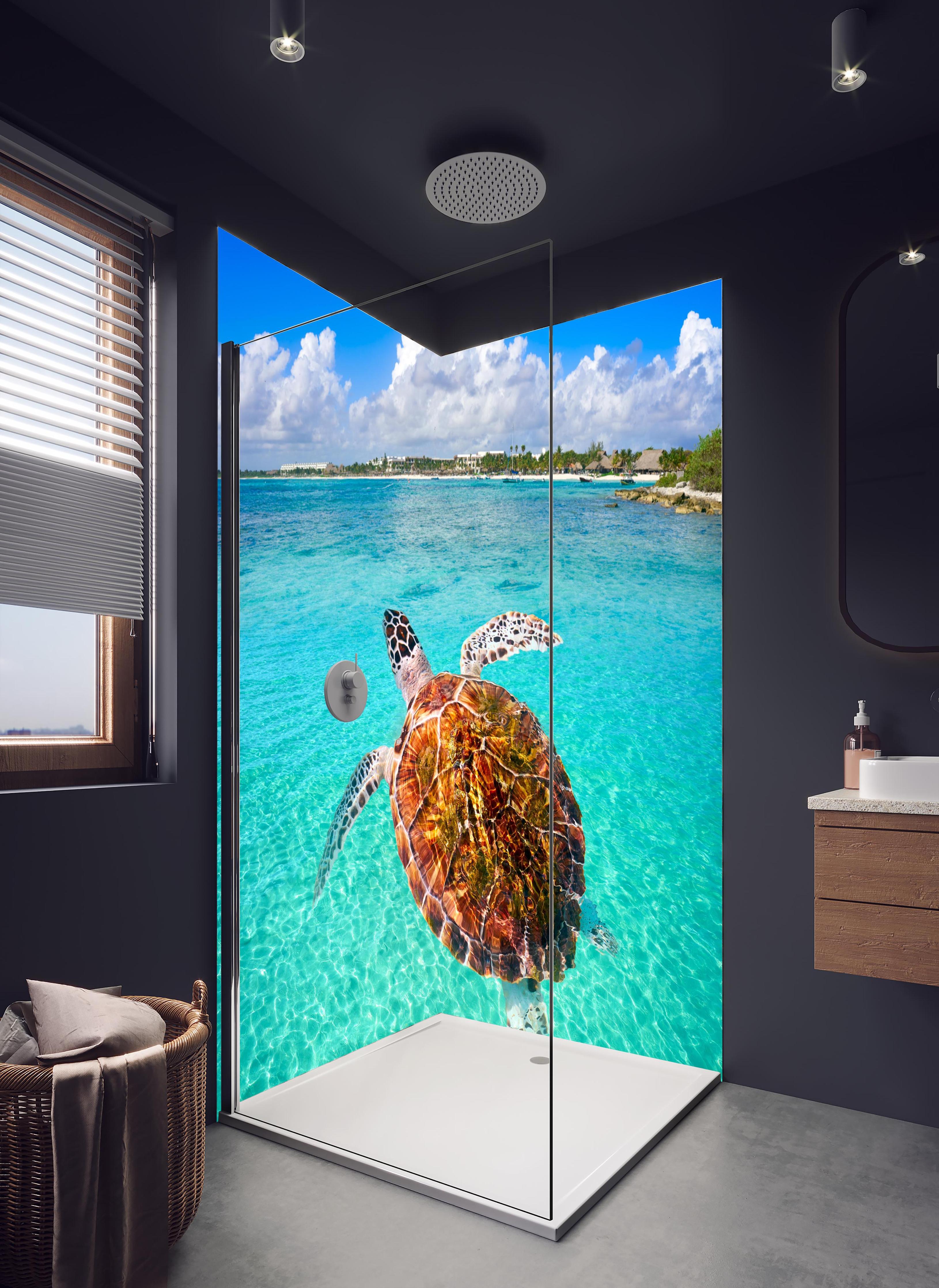 Duschrückwand - Riviera Maya - Mexico in hellem Badezimmer mit Regenduschkopf - zweiteilige Eck-Duschrückwand