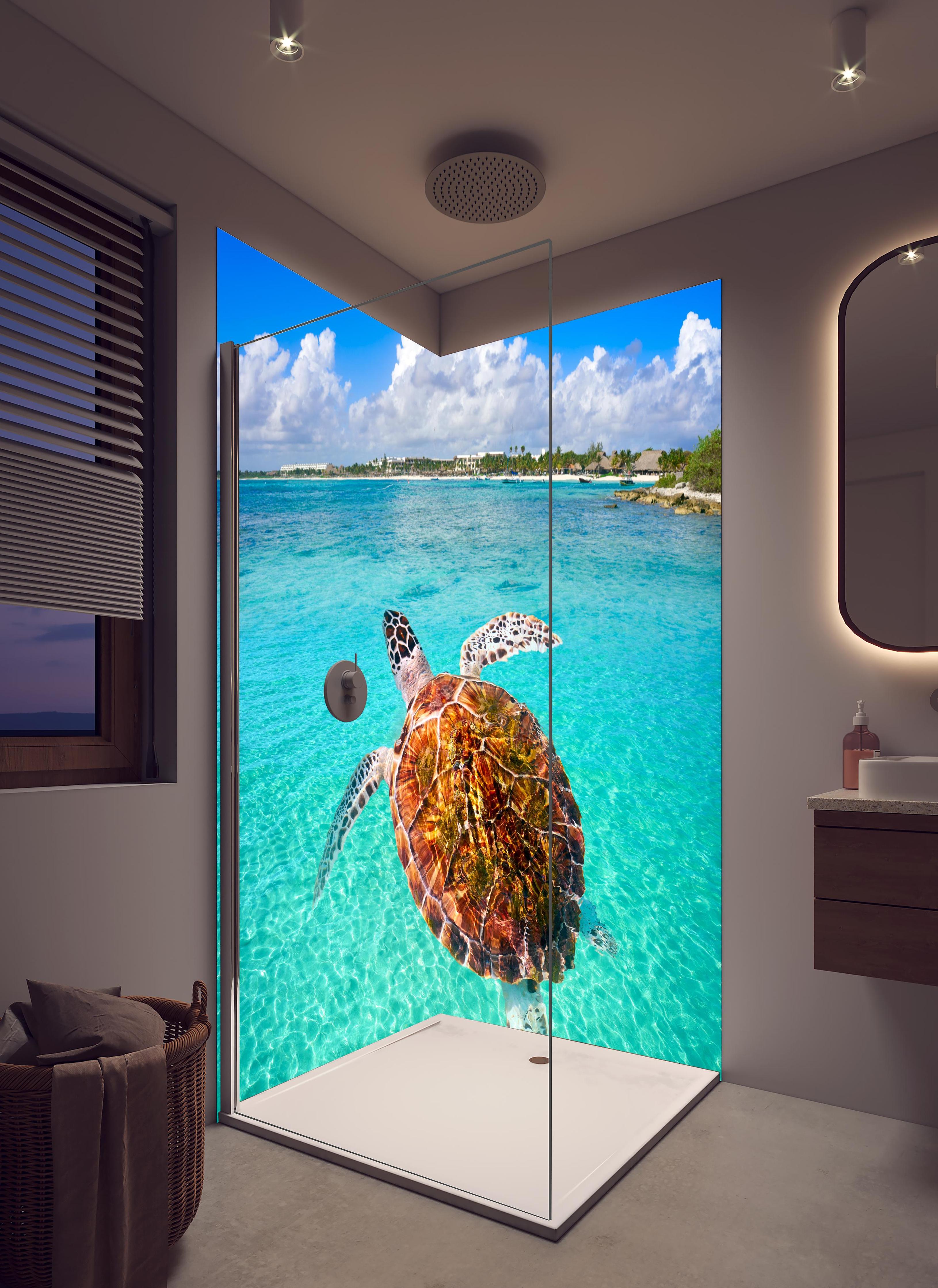 Duschrückwand - Riviera Maya - Mexico in hellem Badezimmer mit Regenduschkopf - zweiteilige Eck-Duschrückwand