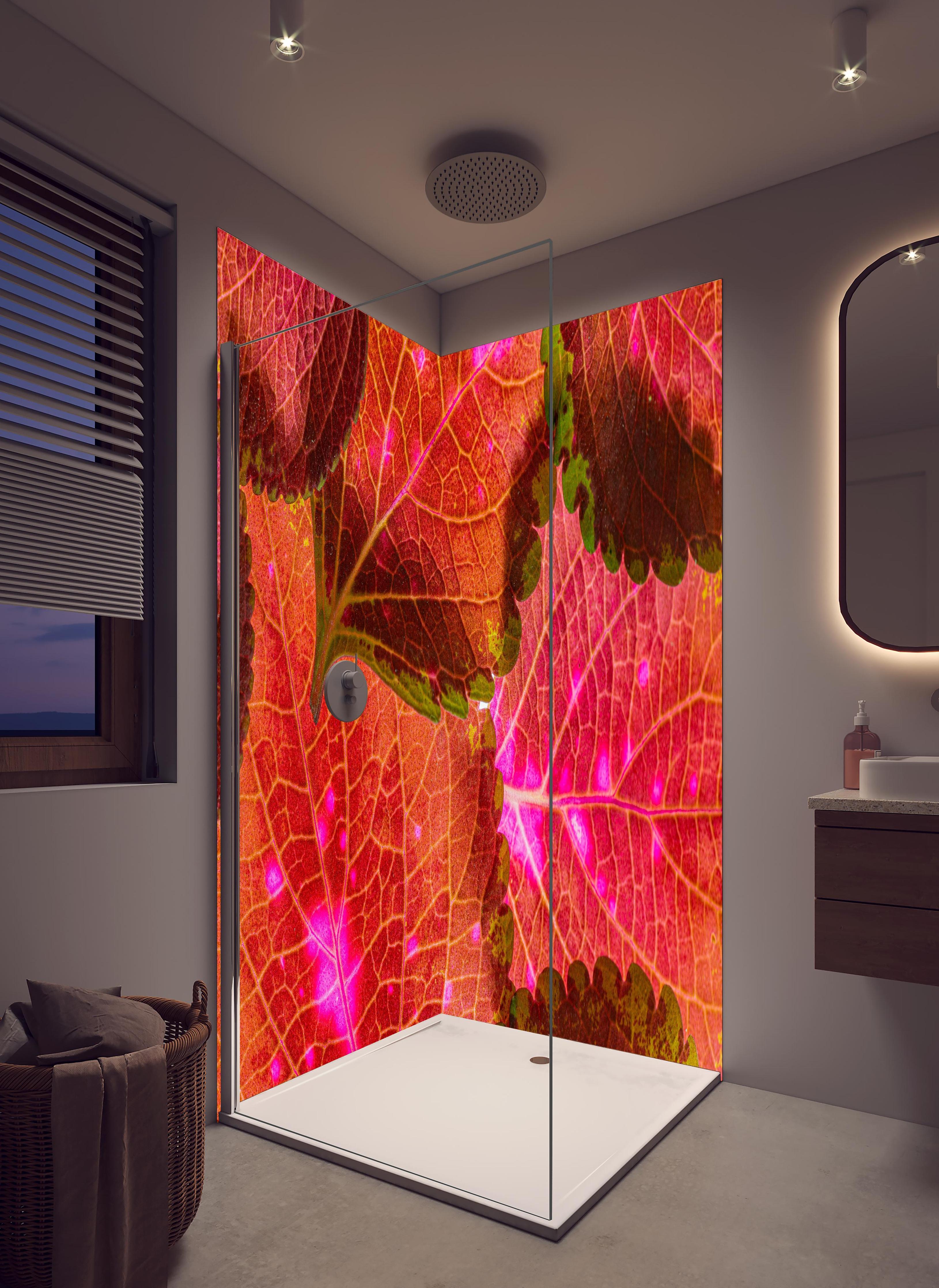 Duschrückwand - Rötliche Blätter im Detail in hellem Badezimmer mit Regenduschkopf - zweiteilige Eck-Duschrückwand