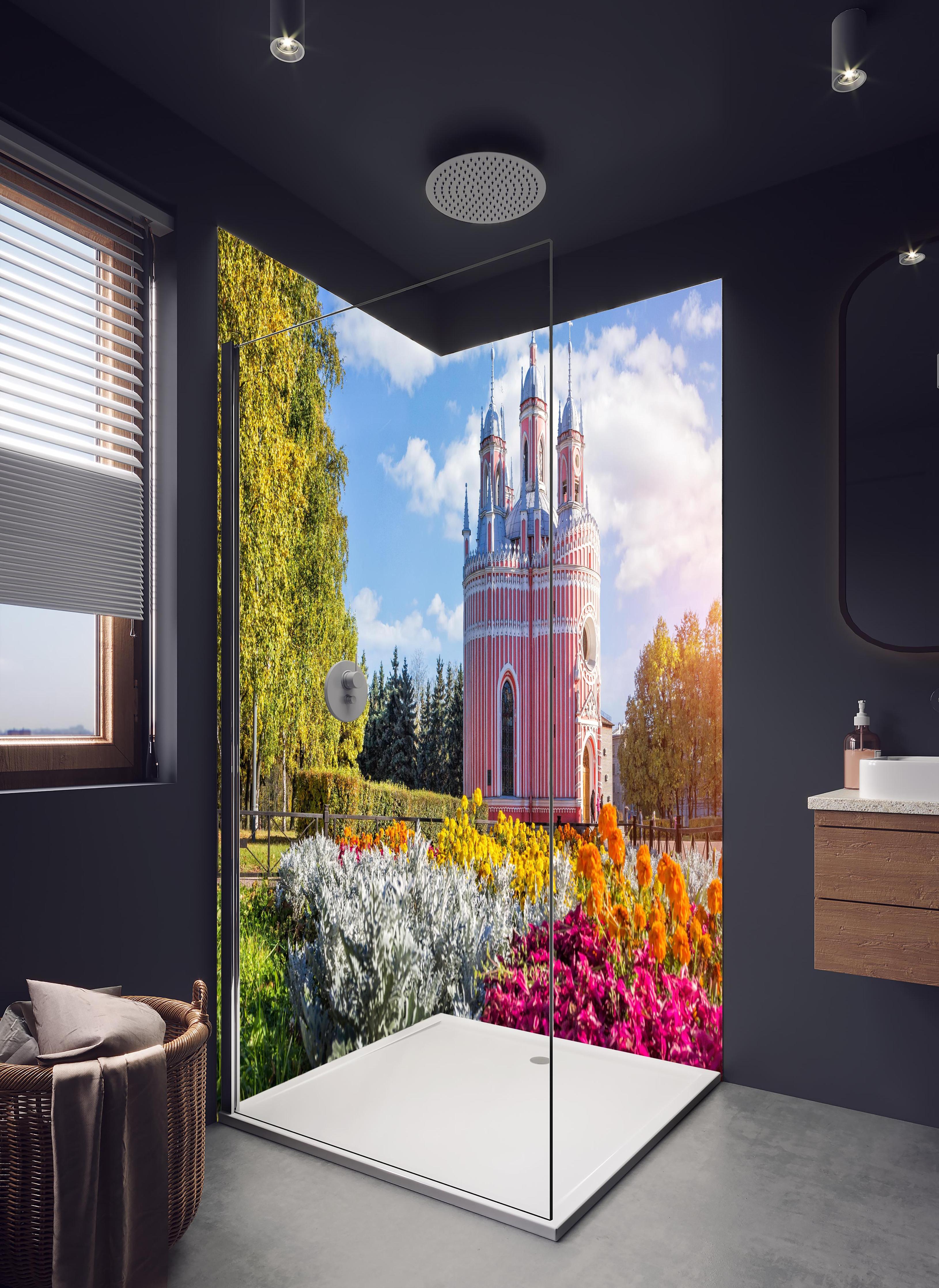 Duschrückwand - Rötliche Kirche in St. Petersburg in hellem Badezimmer mit Regenduschkopf - zweiteilige Eck-Duschrückwand