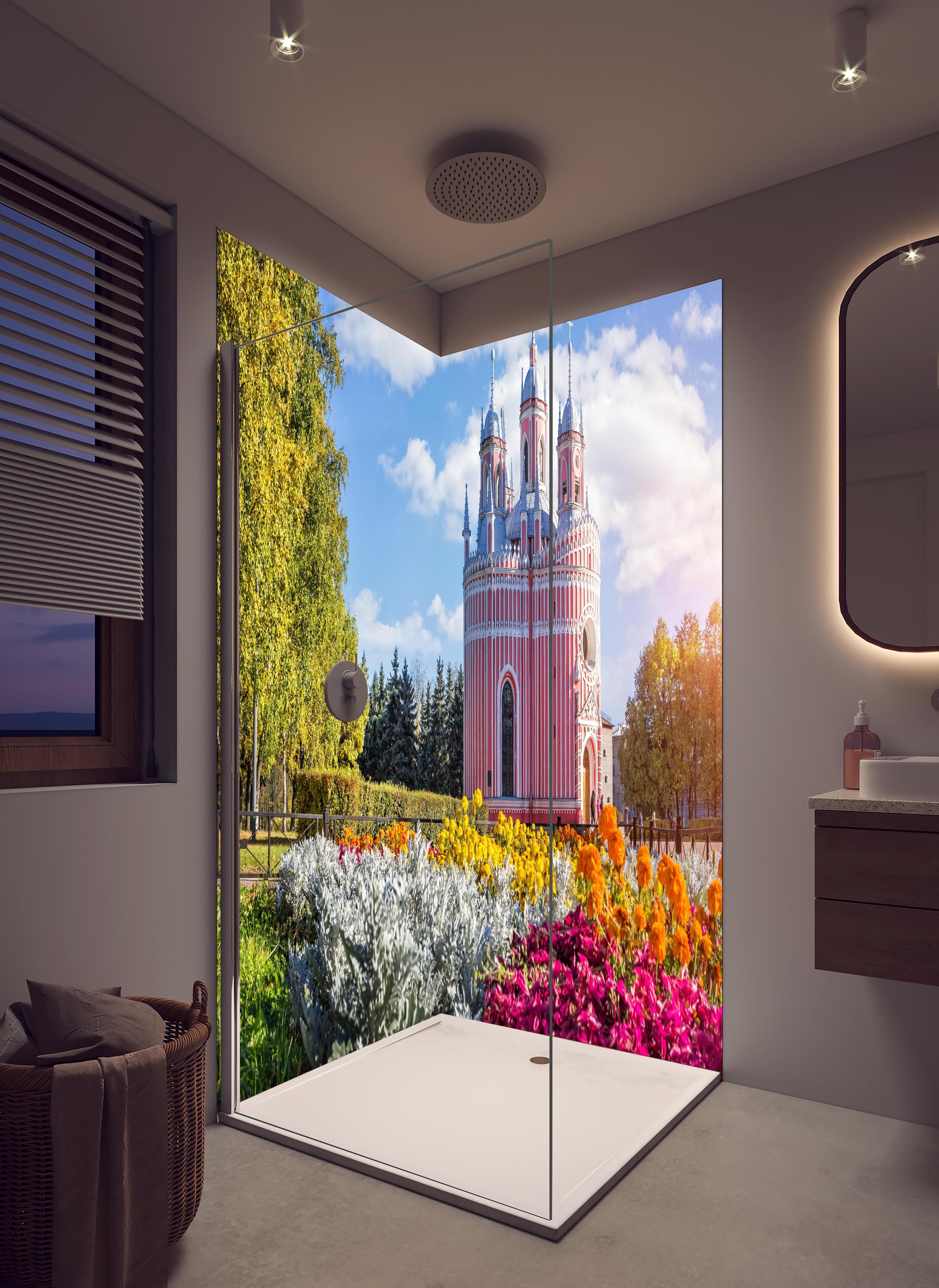 Duschrückwand - Rötliche Kirche in St. Petersburg in hellem Badezimmer mit Regenduschkopf - zweiteilige Eck-Duschrückwand