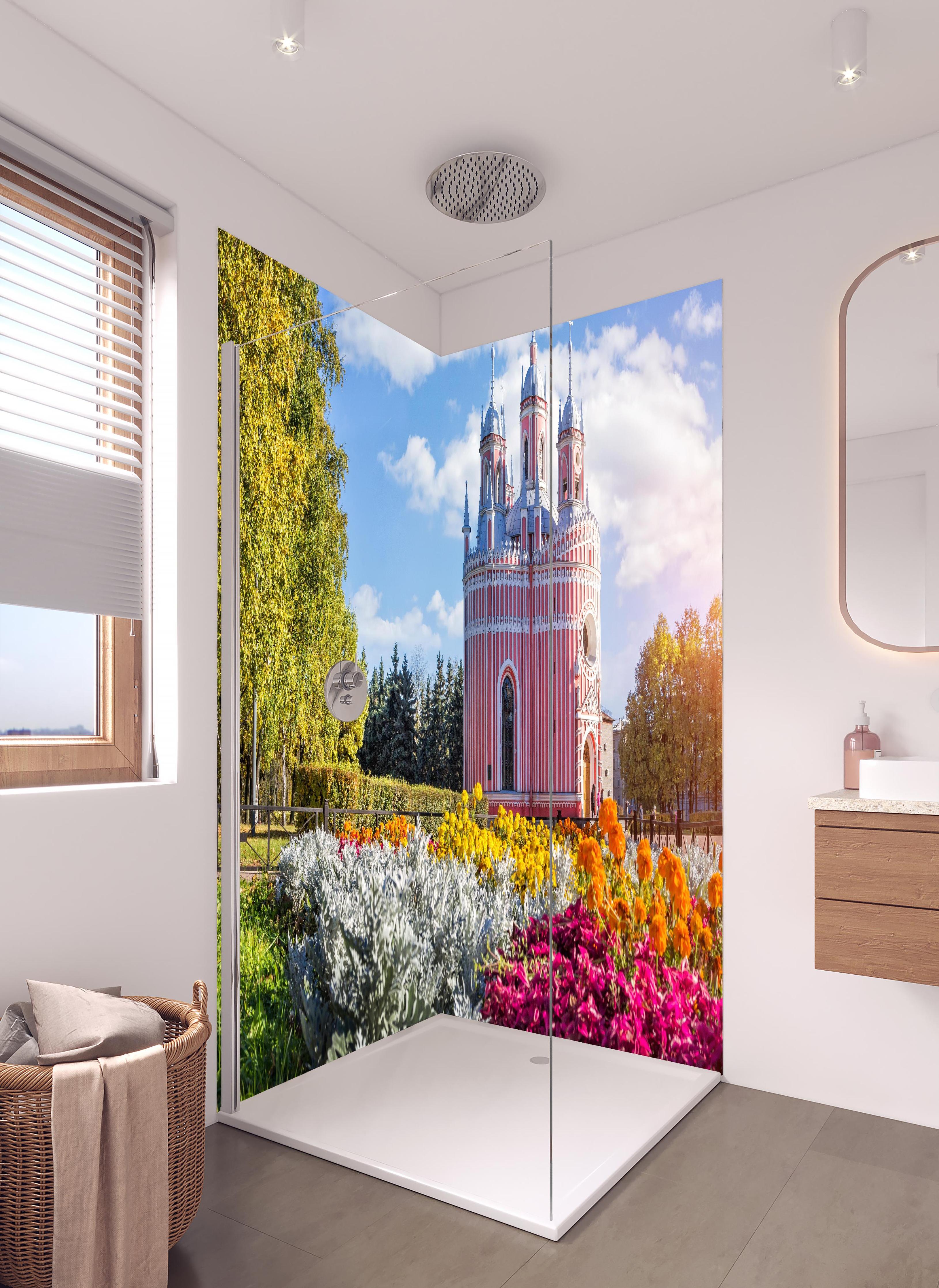 Duschrückwand - Rötliche Kirche in St. Petersburg in hellem Badezimmer mit Regenduschkopf - zweiteilige Eck-Duschrückwand