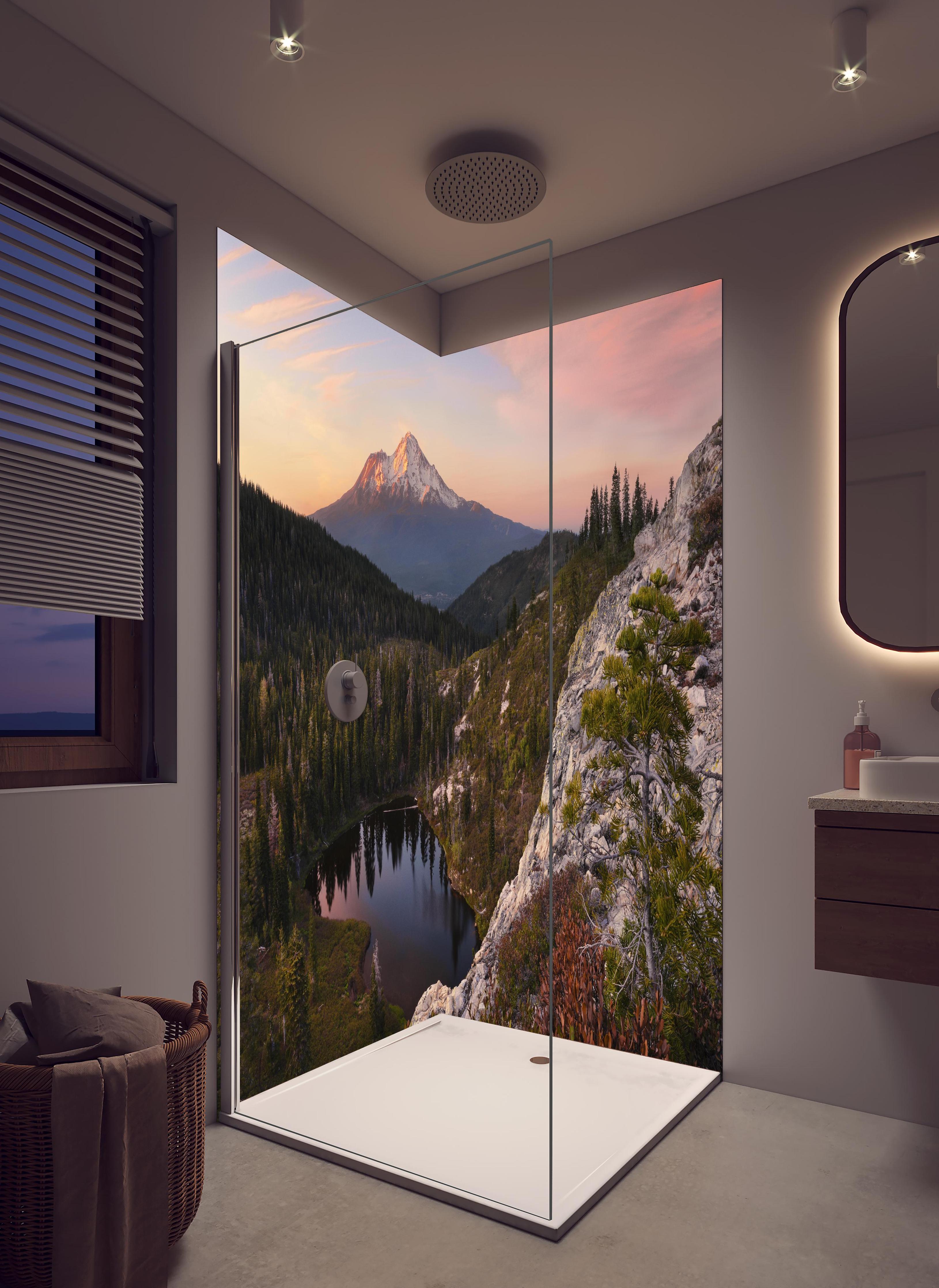 Duschrückwand - Romantische Bergsee-Landschaft im Abendlicht in hellem Badezimmer mit Regenduschkopf - zweiteilige Eck-Duschrückwand