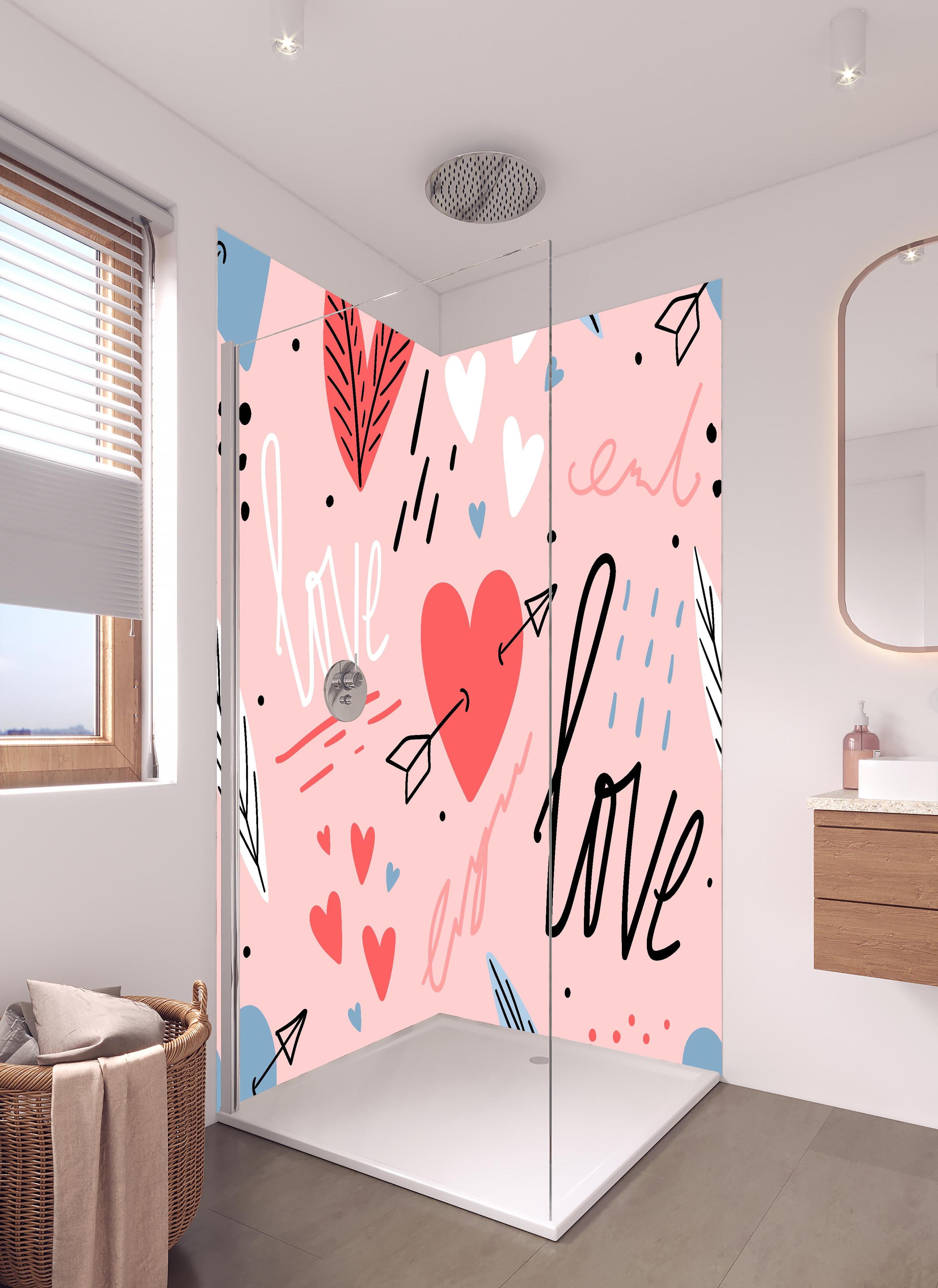 Duschrückwand - Romantische Herzen Liebe Illustration Rosa in hellem Badezimmer mit Regenduschkopf - zweiteilige Eck-Duschrückwand