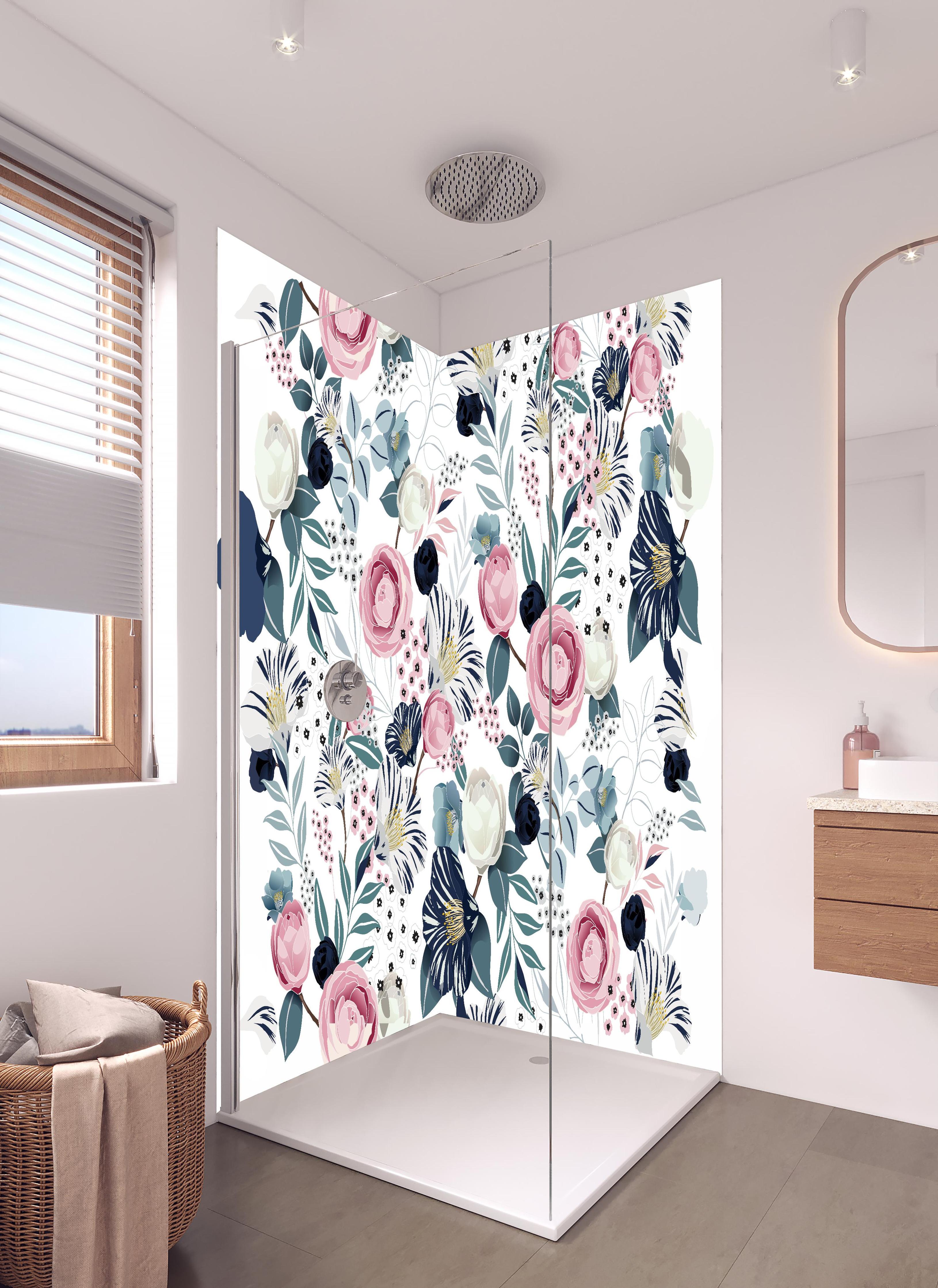 Duschrückwand - Romantisches Blumenmuster mit sanften Pastelltönen in hellem Badezimmer mit Regenduschkopf - zweiteilige Eck-Duschrückwand