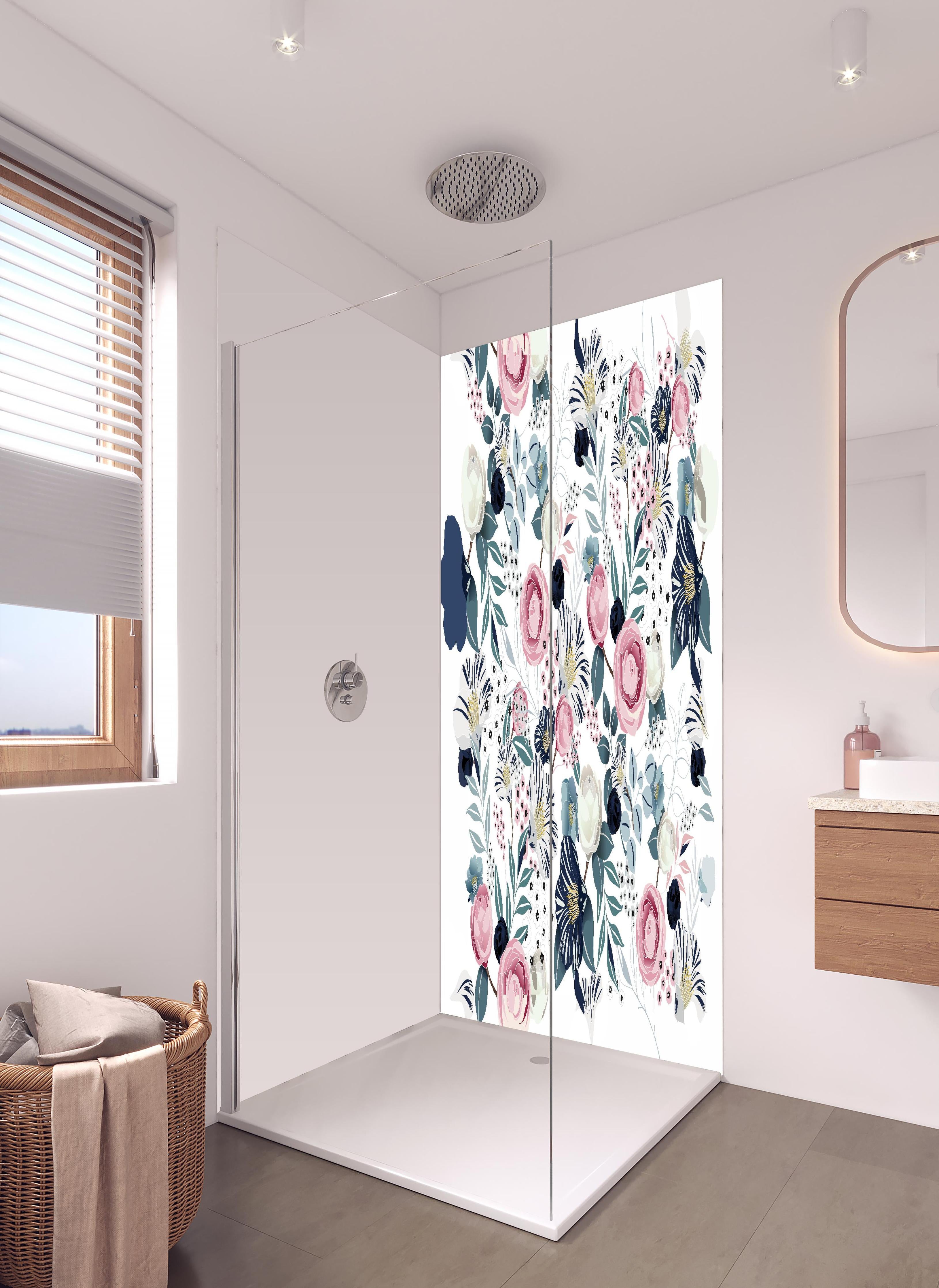 Duschrückwand - Romantisches Blumenmuster mit sanften Pastelltönen in hellem Badezimmer mit Regenduschkopf - zweiteilige Eck-Duschrückwand