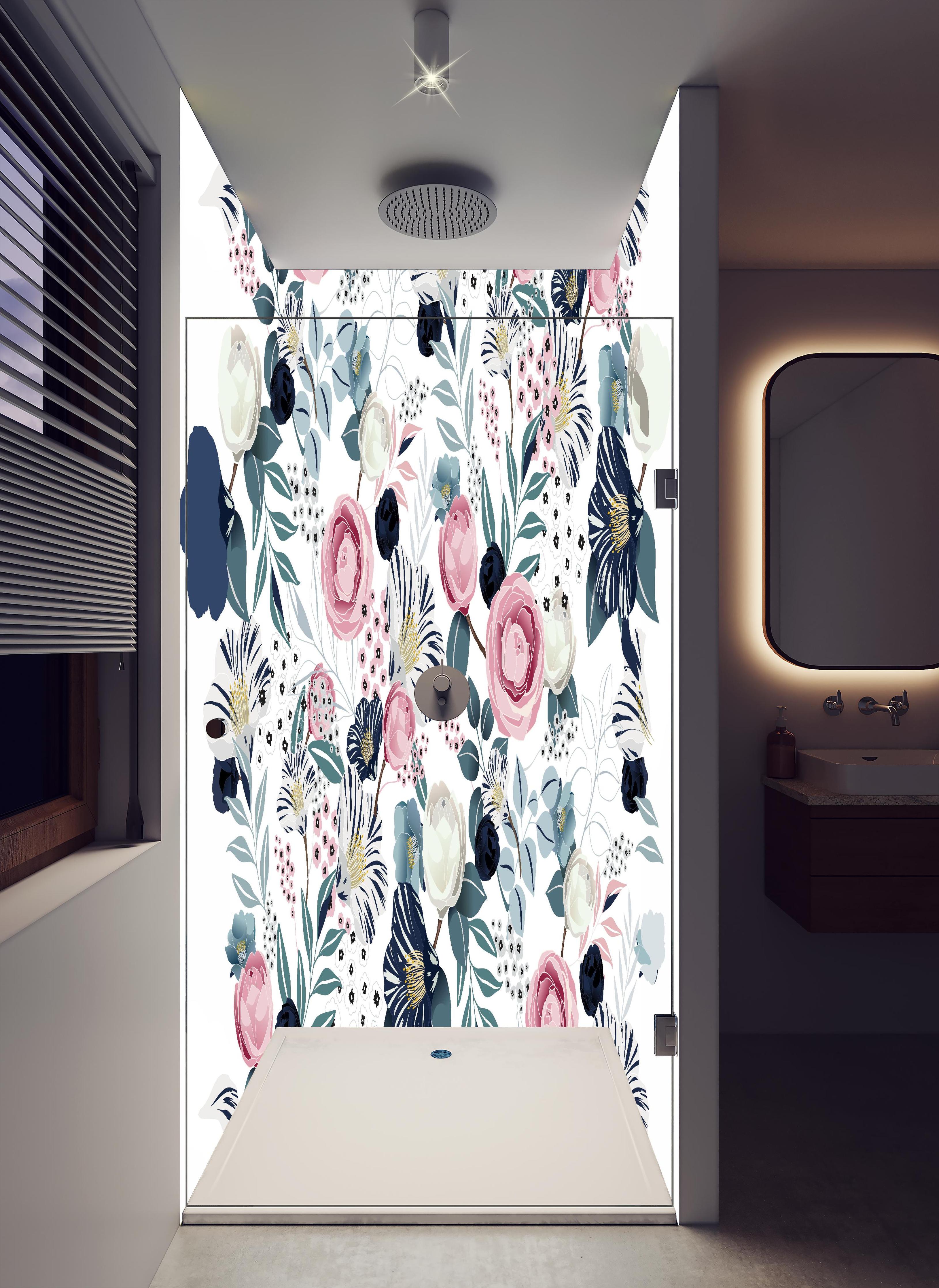 Duschrückwand - Romantisches Blumenmuster mit sanften Pastelltönen in hellem Badezimmer mit Regenduschkopf - zweiteilige Eck-Duschrückwand