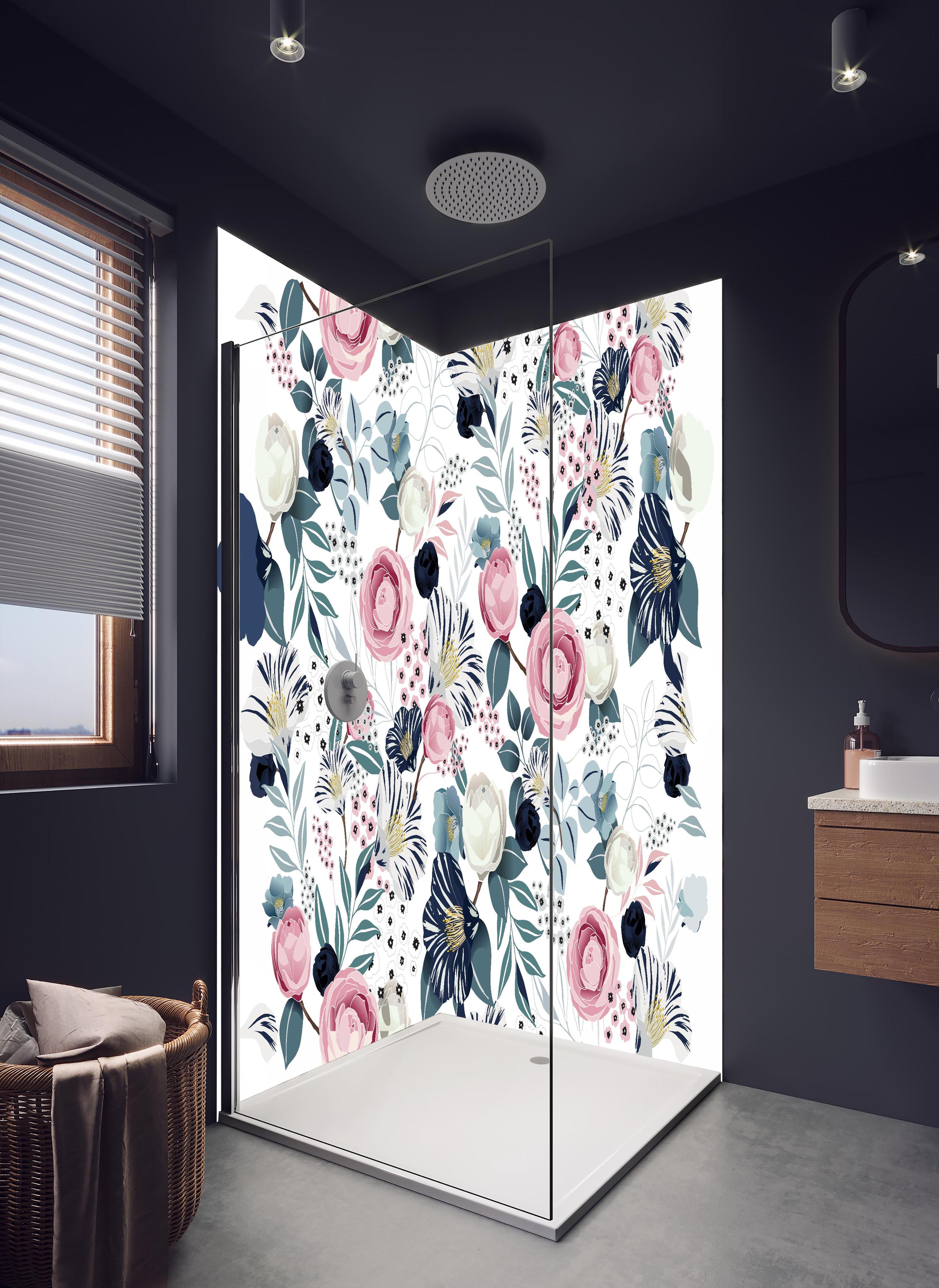 Duschrückwand - Romantisches Blumenmuster mit sanften Pastelltönen in hellem Badezimmer mit Regenduschkopf - zweiteilige Eck-Duschrückwand