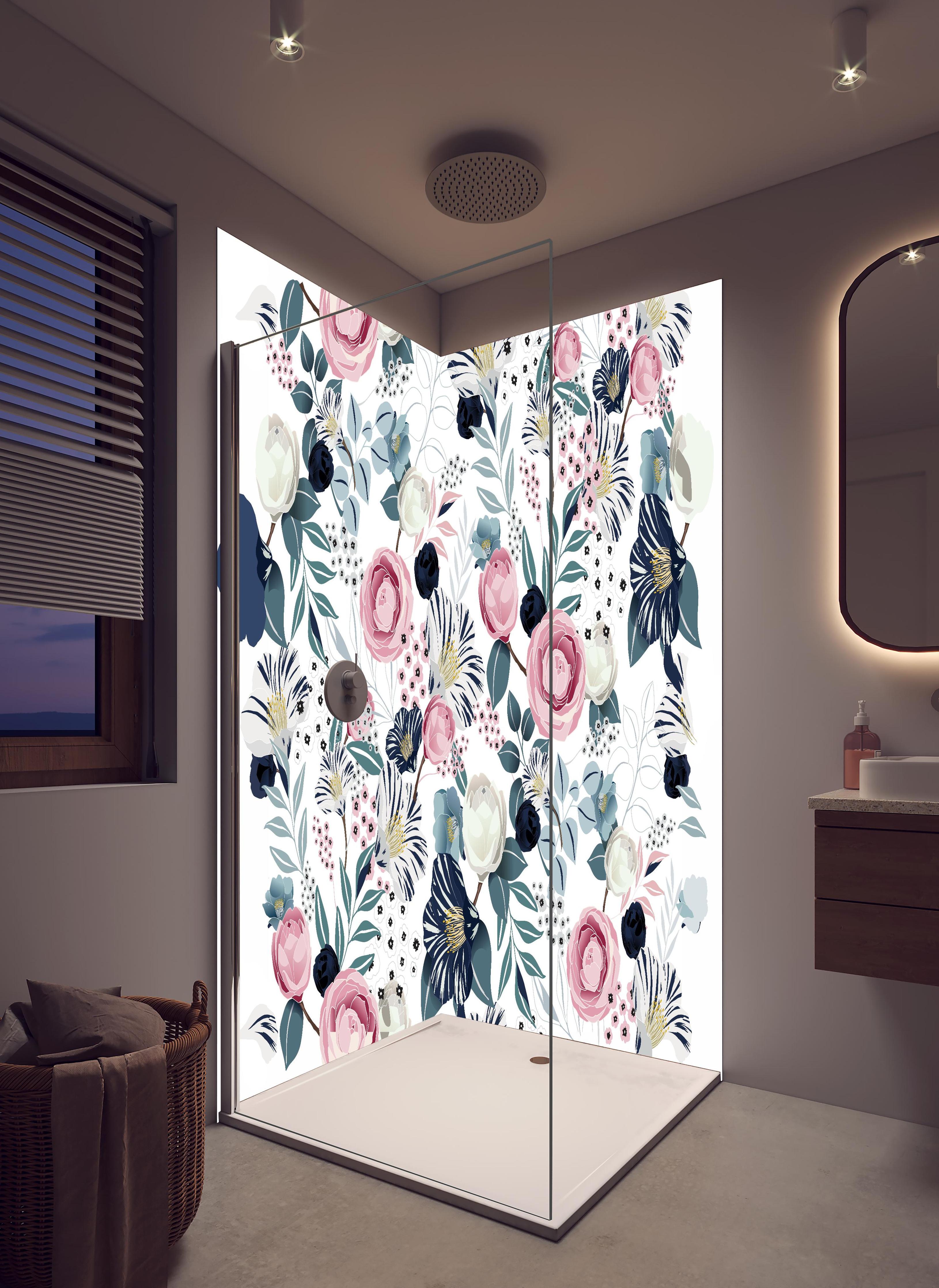 Duschrückwand - Romantisches Blumenmuster mit sanften Pastelltönen in hellem Badezimmer mit Regenduschkopf - zweiteilige Eck-Duschrückwand