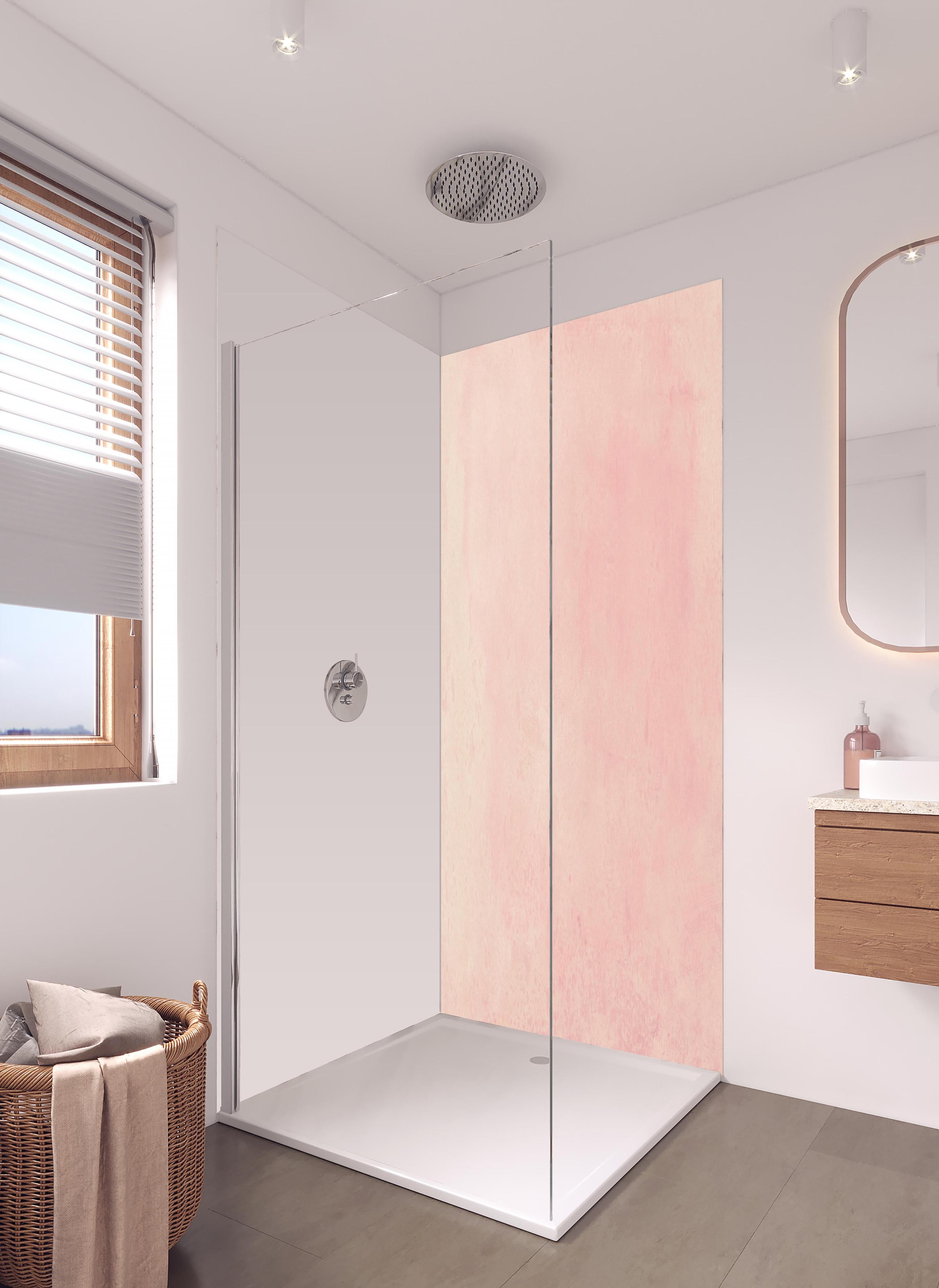 Duschrückwand - Rosa Aquarell - Pastellfarben in hellem Badezimmer mit Regenduschkopf - zweiteilige Eck-Duschrückwand