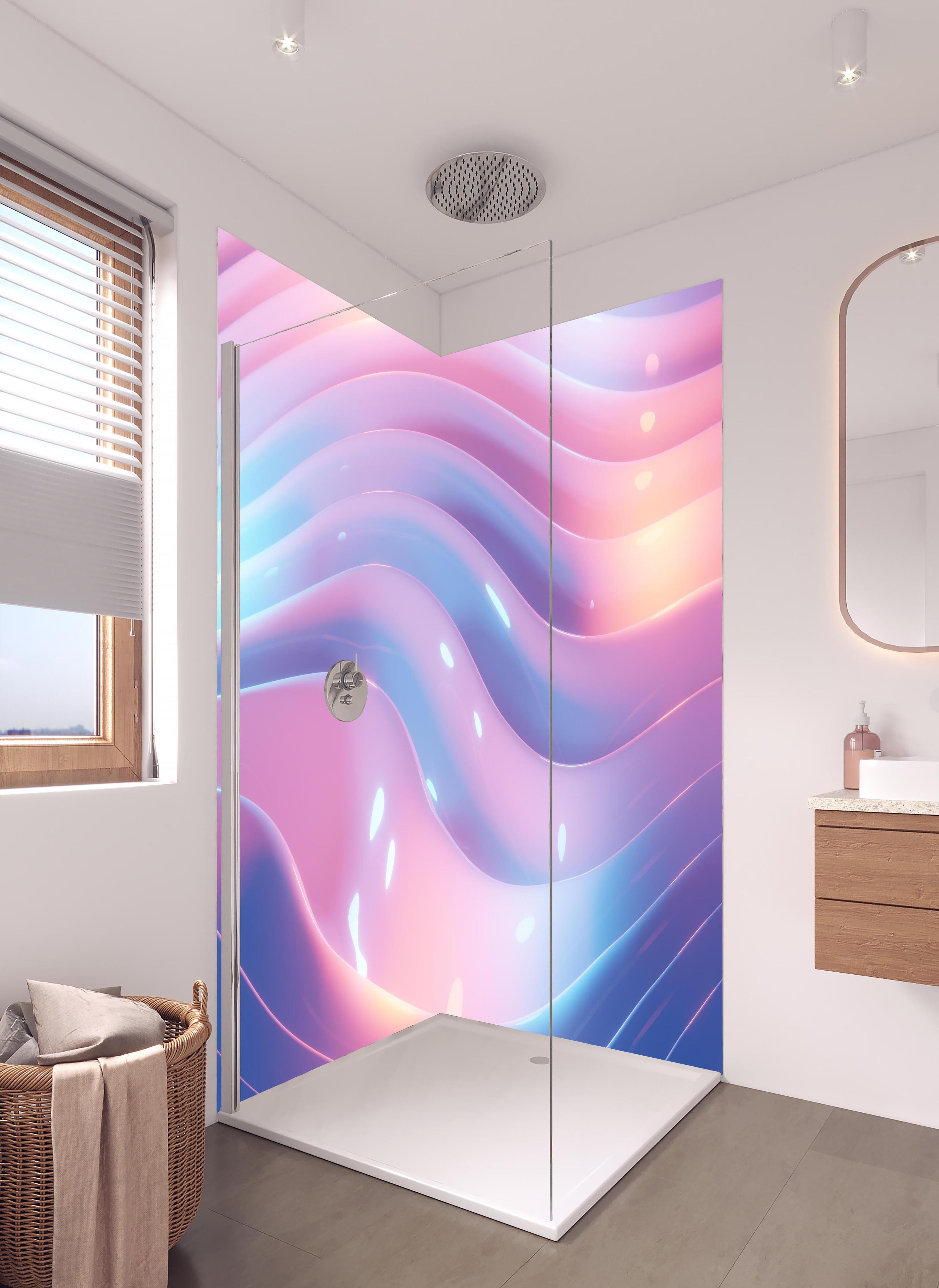 Duschrückwand - Rosa-Blau Wellige Abstrakte Kunst in hellem Badezimmer mit Regenduschkopf - zweiteilige Eck-Duschrückwand