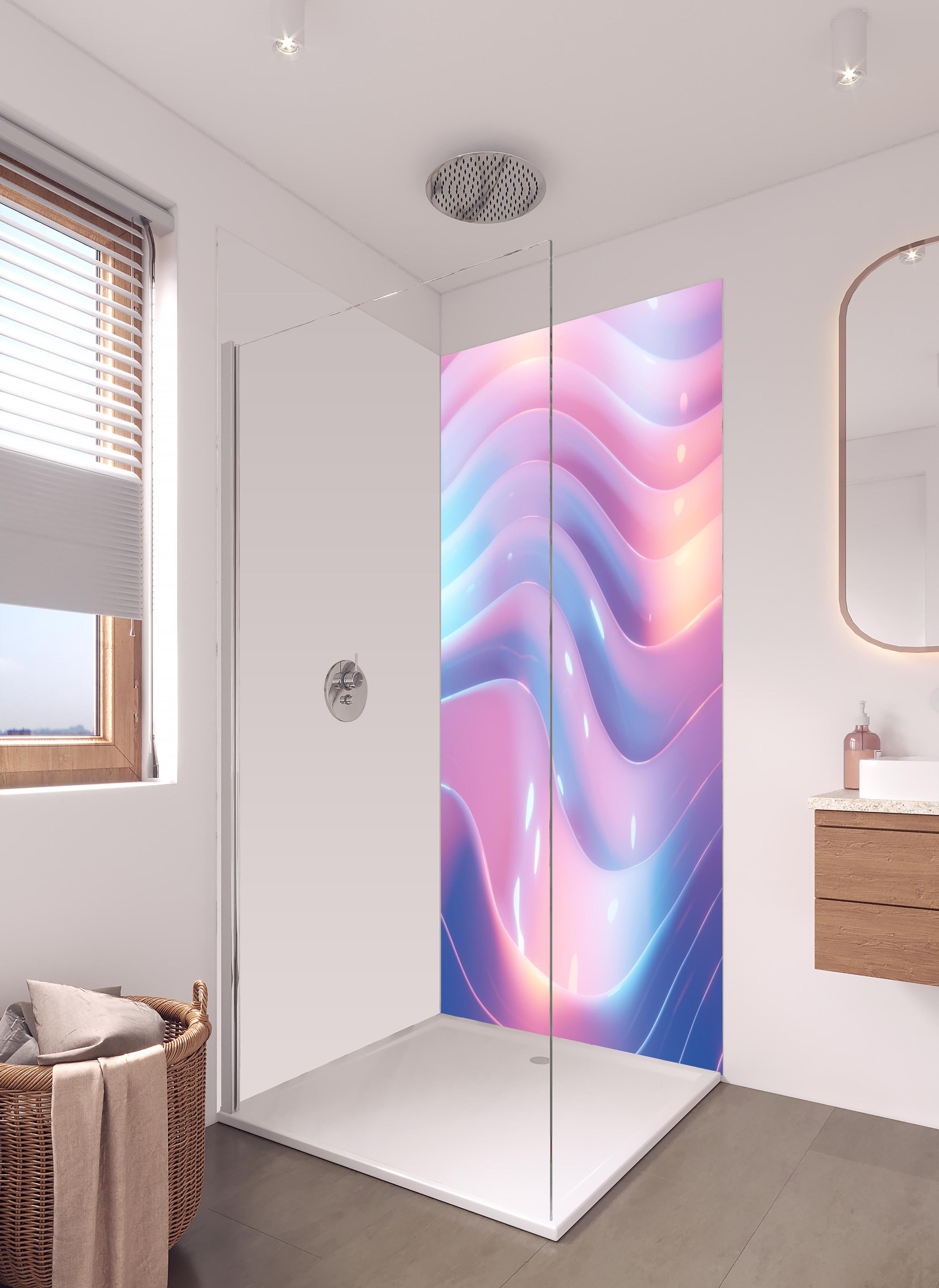 Duschrückwand - Rosa-Blau Wellige Abstrakte Kunst in hellem Badezimmer mit Regenduschkopf - zweiteilige Eck-Duschrückwand