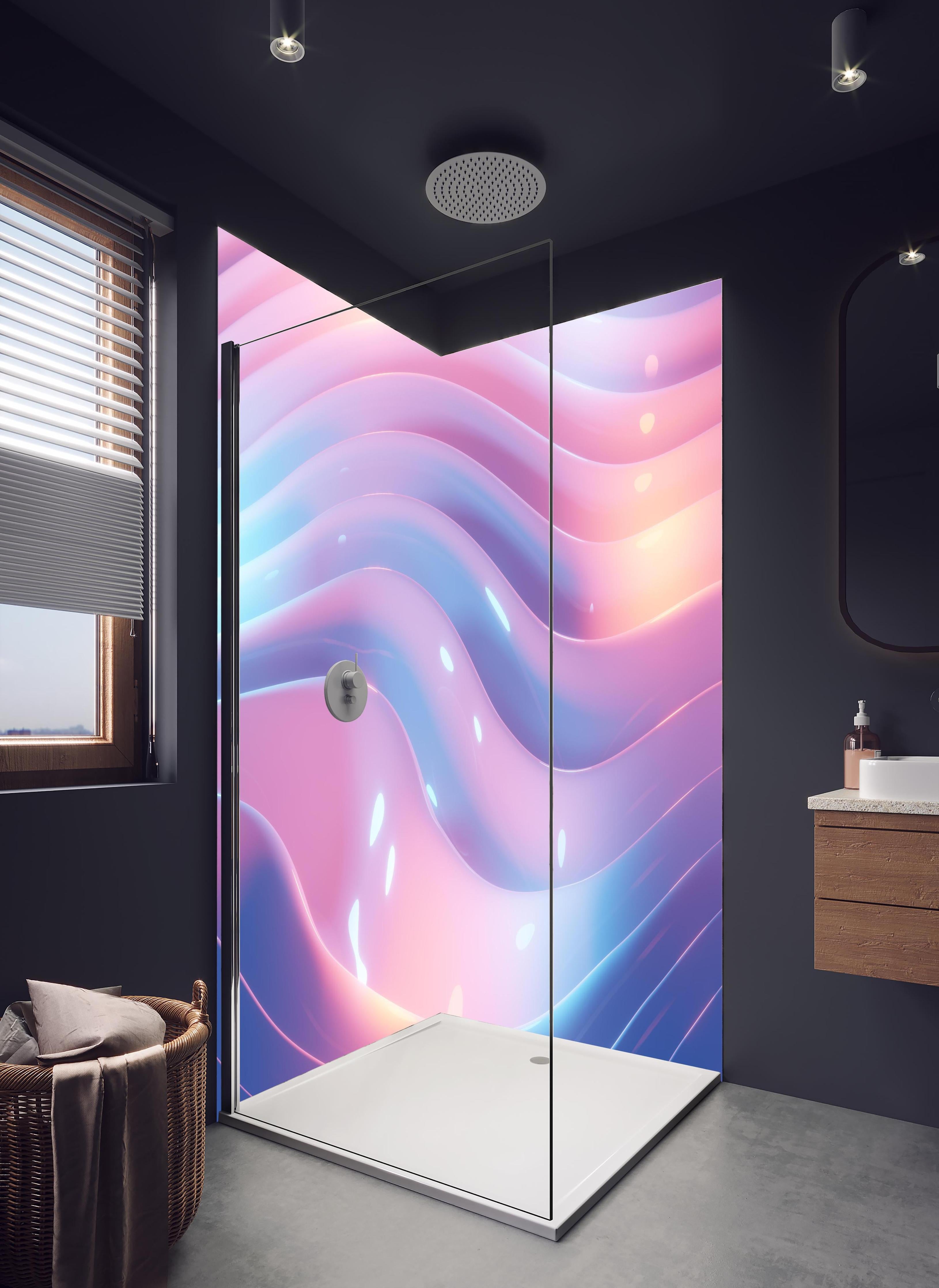 Duschrückwand - Rosa-Blau Wellige Abstrakte Kunst in hellem Badezimmer mit Regenduschkopf - zweiteilige Eck-Duschrückwand