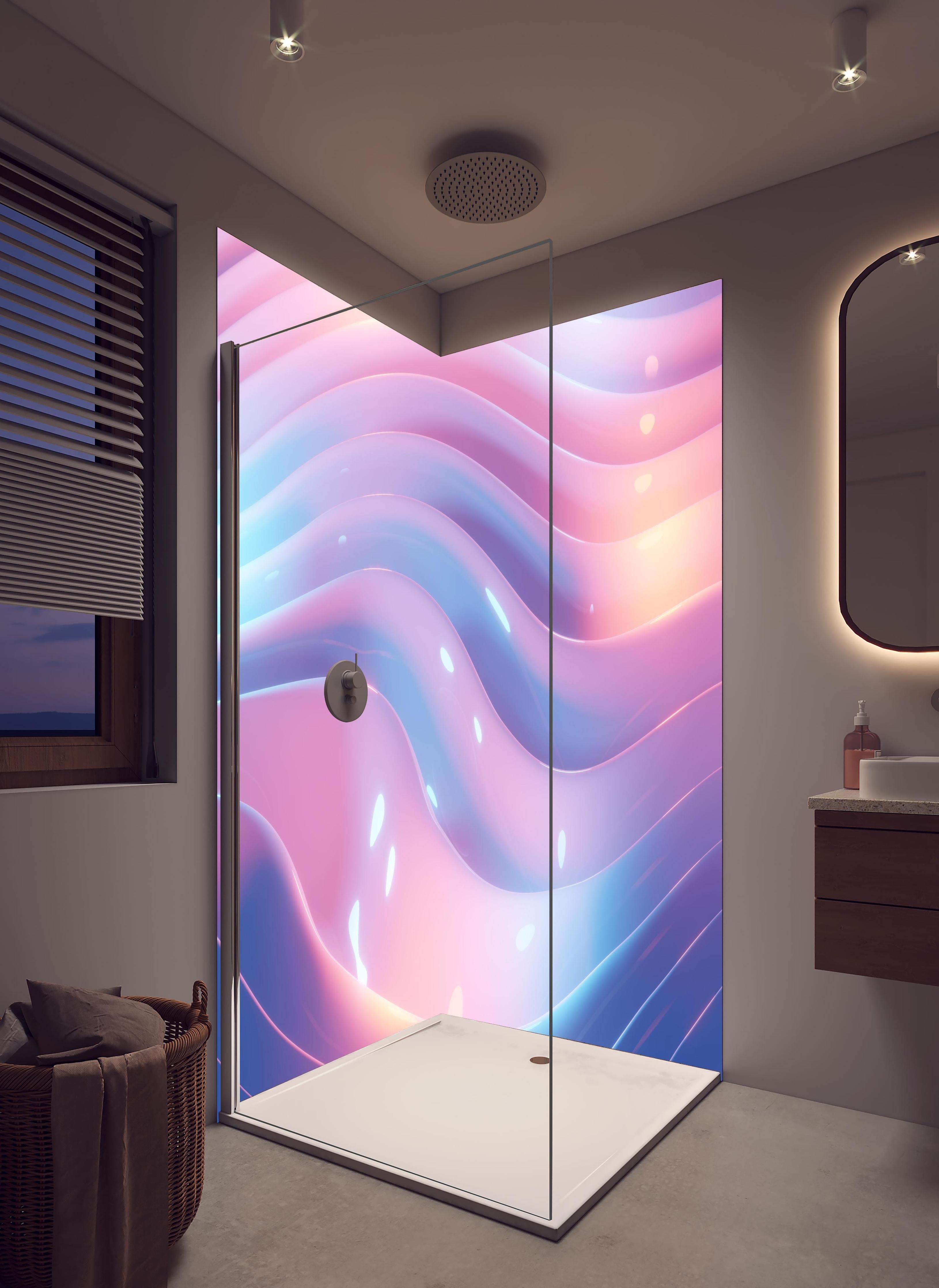 Duschrückwand - Rosa-Blau Wellige Abstrakte Kunst in hellem Badezimmer mit Regenduschkopf - zweiteilige Eck-Duschrückwand