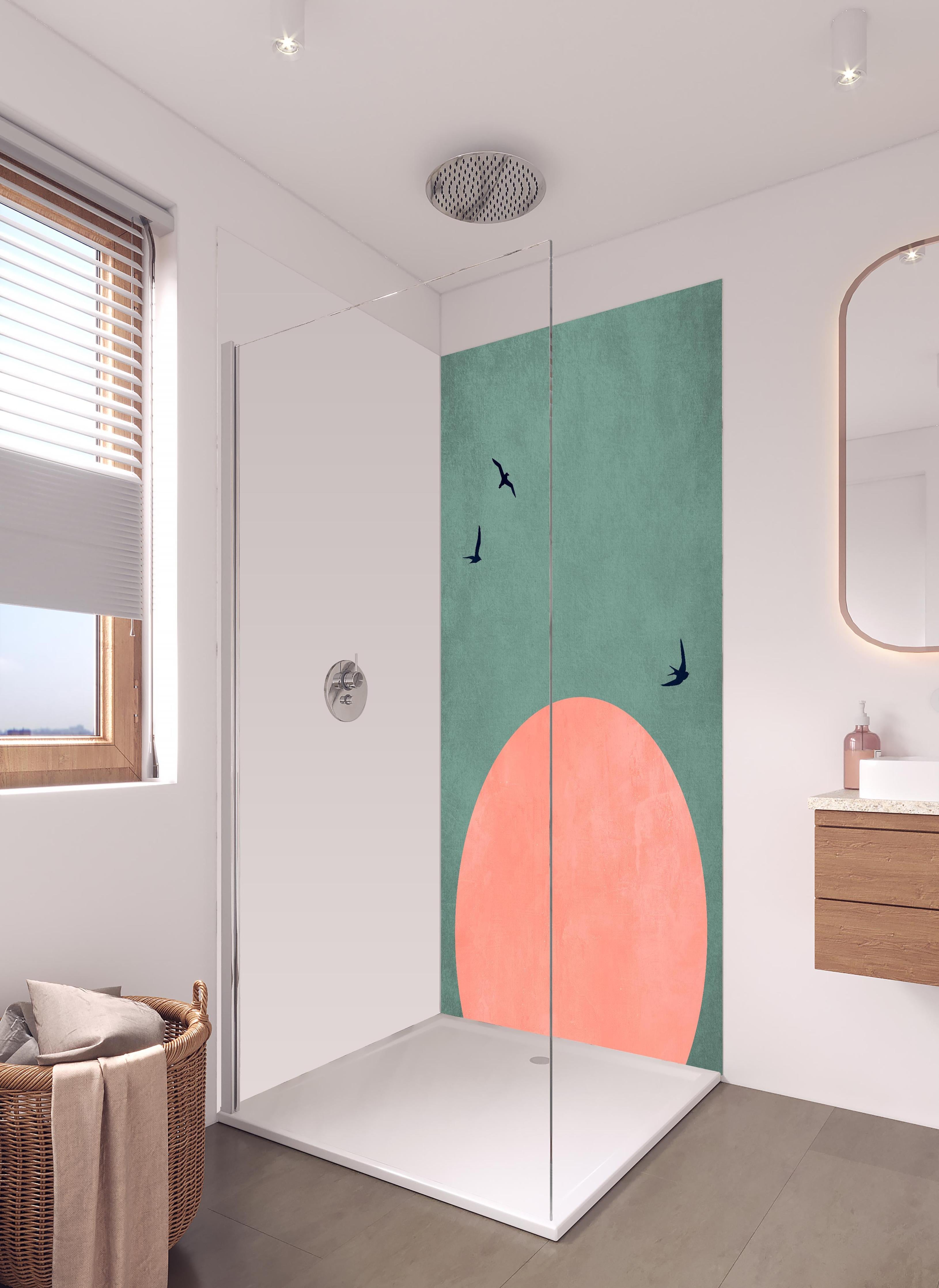 Duschrückwand - Rosa Dämmerung - Gemälde in hellem Badezimmer mit Regenduschkopf - zweiteilige Eck-Duschrückwand