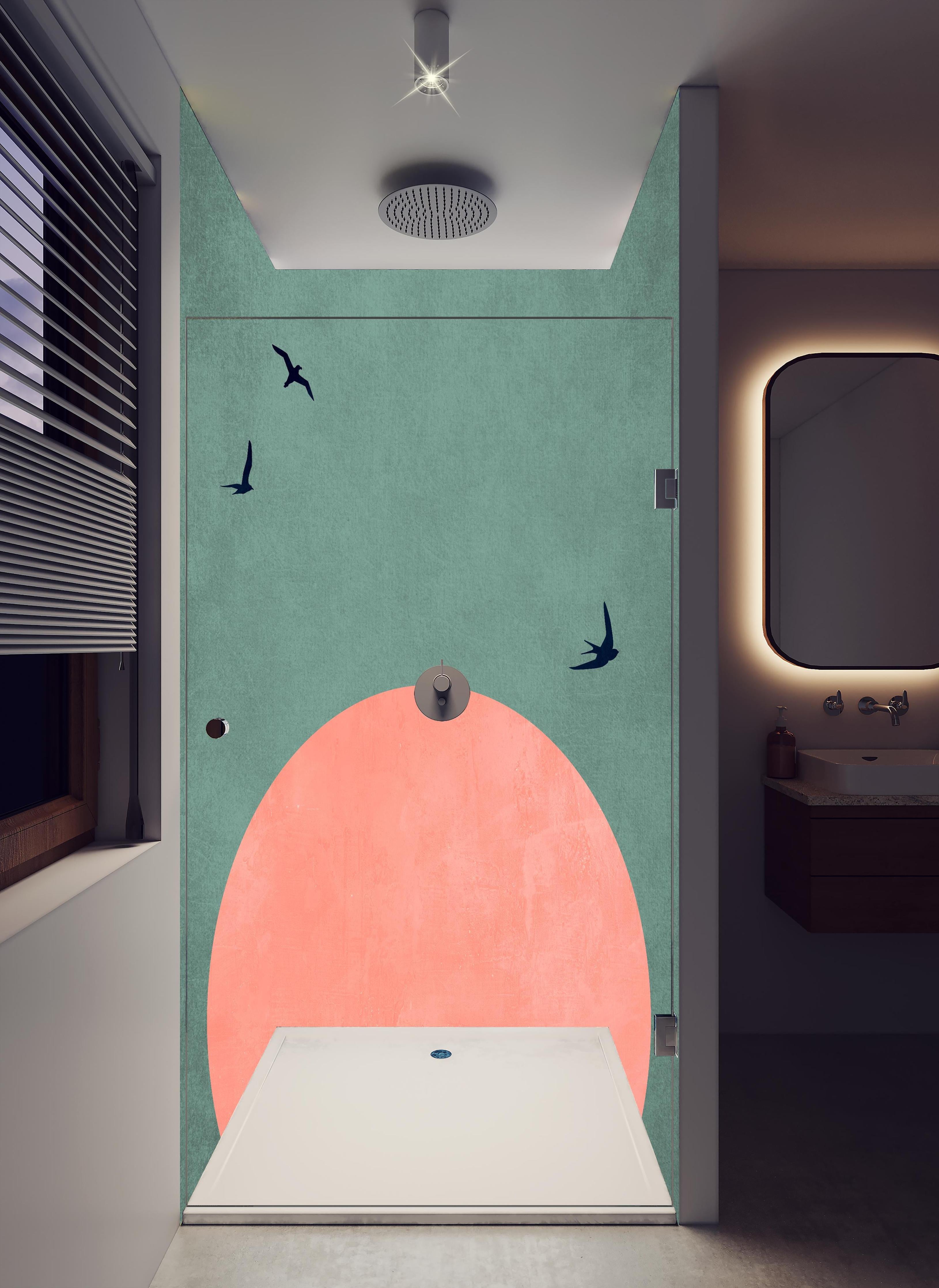 Duschrückwand - Rosa Dämmerung - Gemälde in hellem Badezimmer mit Regenduschkopf - zweiteilige Eck-Duschrückwand