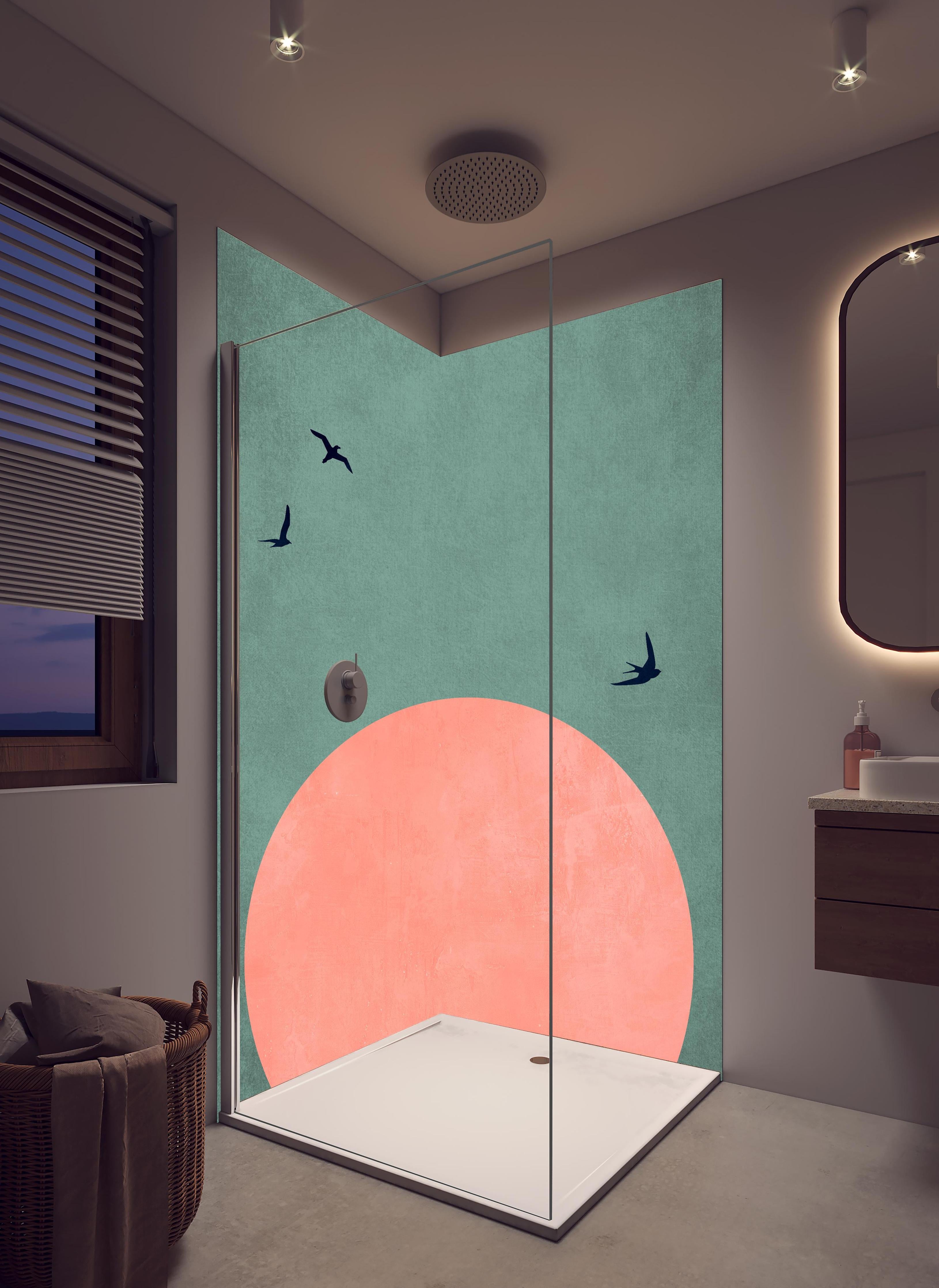 Duschrückwand - Rosa Dämmerung - Gemälde in hellem Badezimmer mit Regenduschkopf - zweiteilige Eck-Duschrückwand