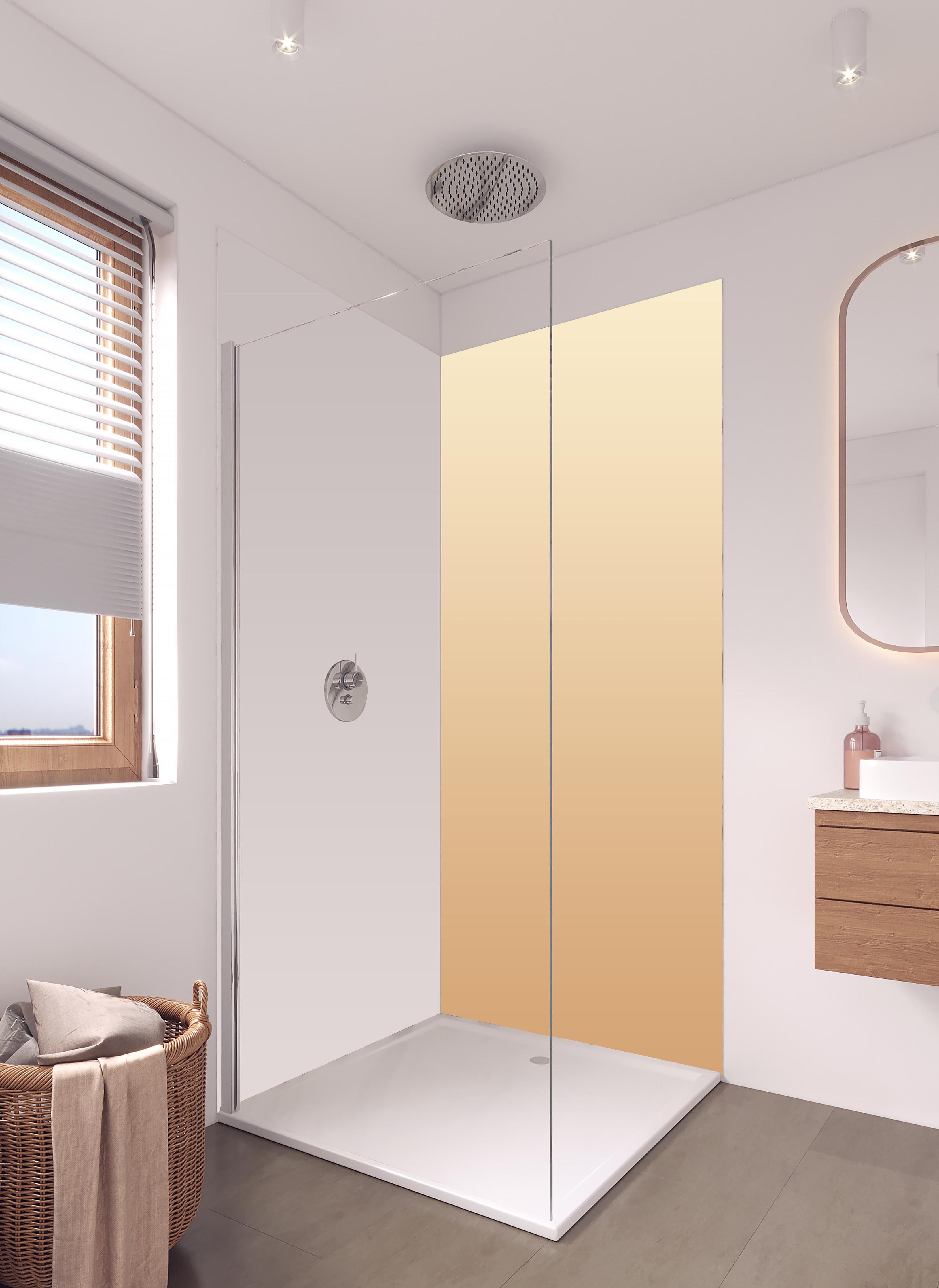 Duschrückwand - Rosa Farbverlauf in hellem Badezimmer mit Regenduschkopf - zweiteilige Eck-Duschrückwand