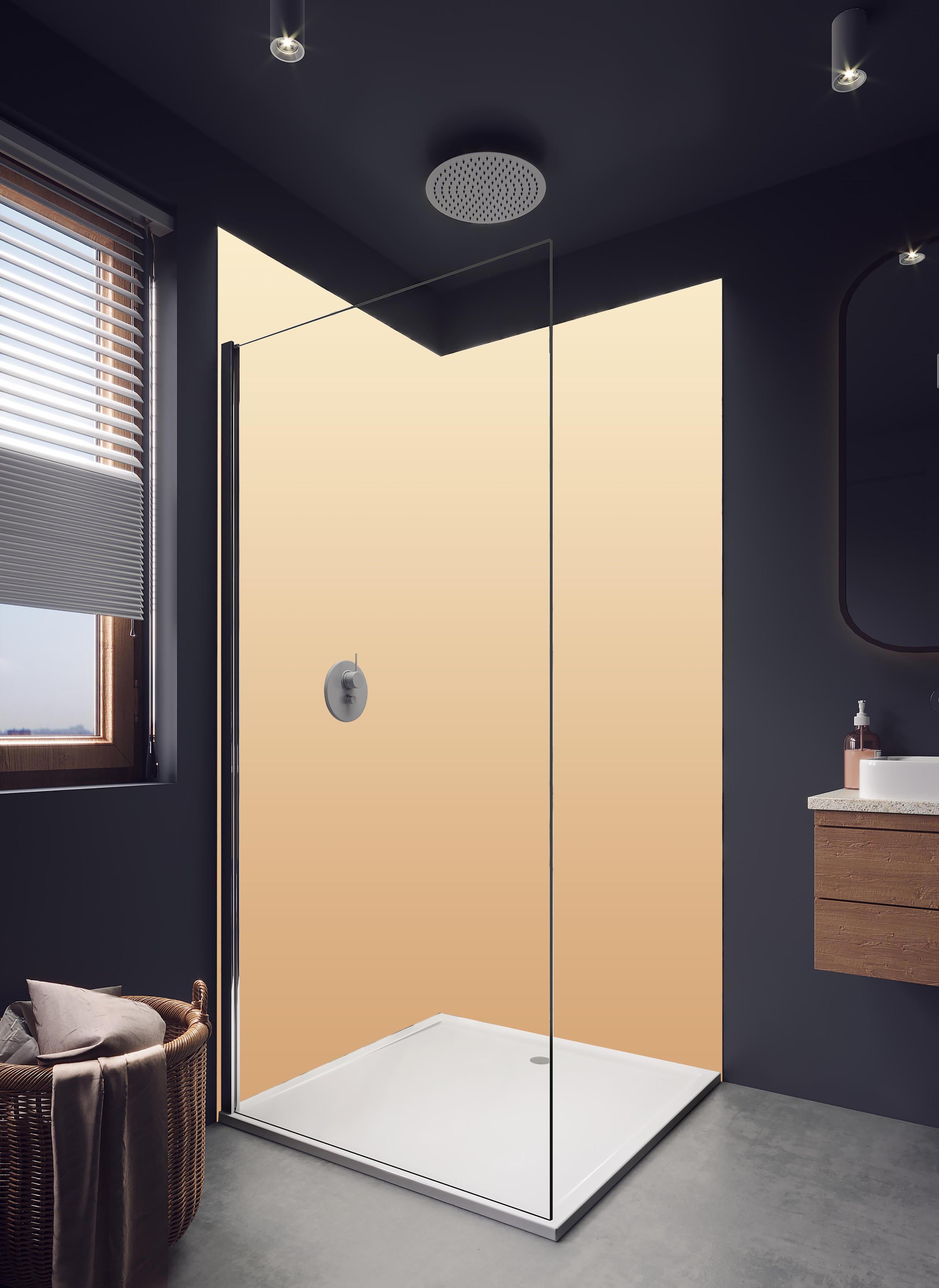 Duschrückwand - Rosa Farbverlauf in hellem Badezimmer mit Regenduschkopf - zweiteilige Eck-Duschrückwand