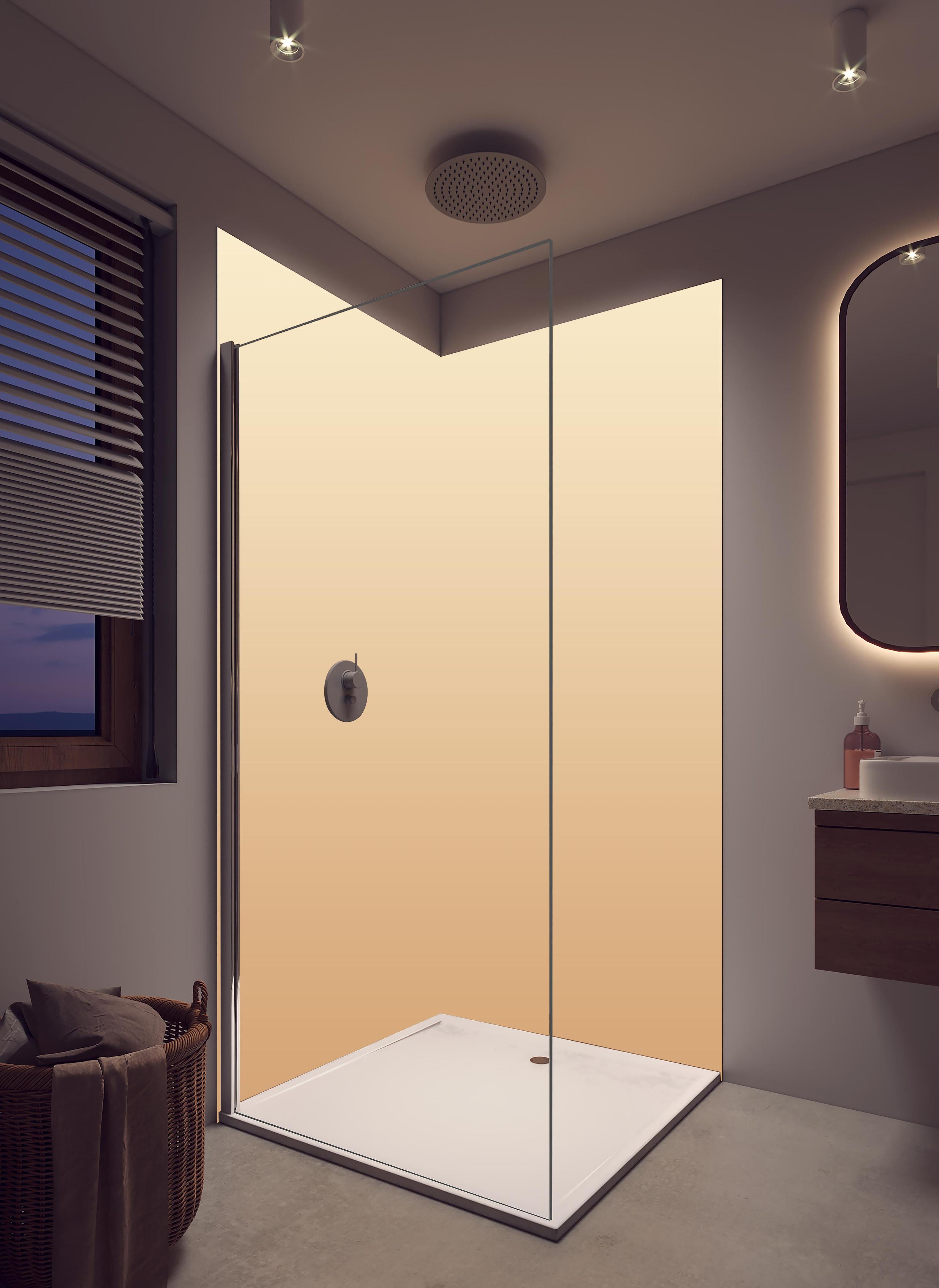 Duschrückwand - Rosa Farbverlauf in hellem Badezimmer mit Regenduschkopf - zweiteilige Eck-Duschrückwand