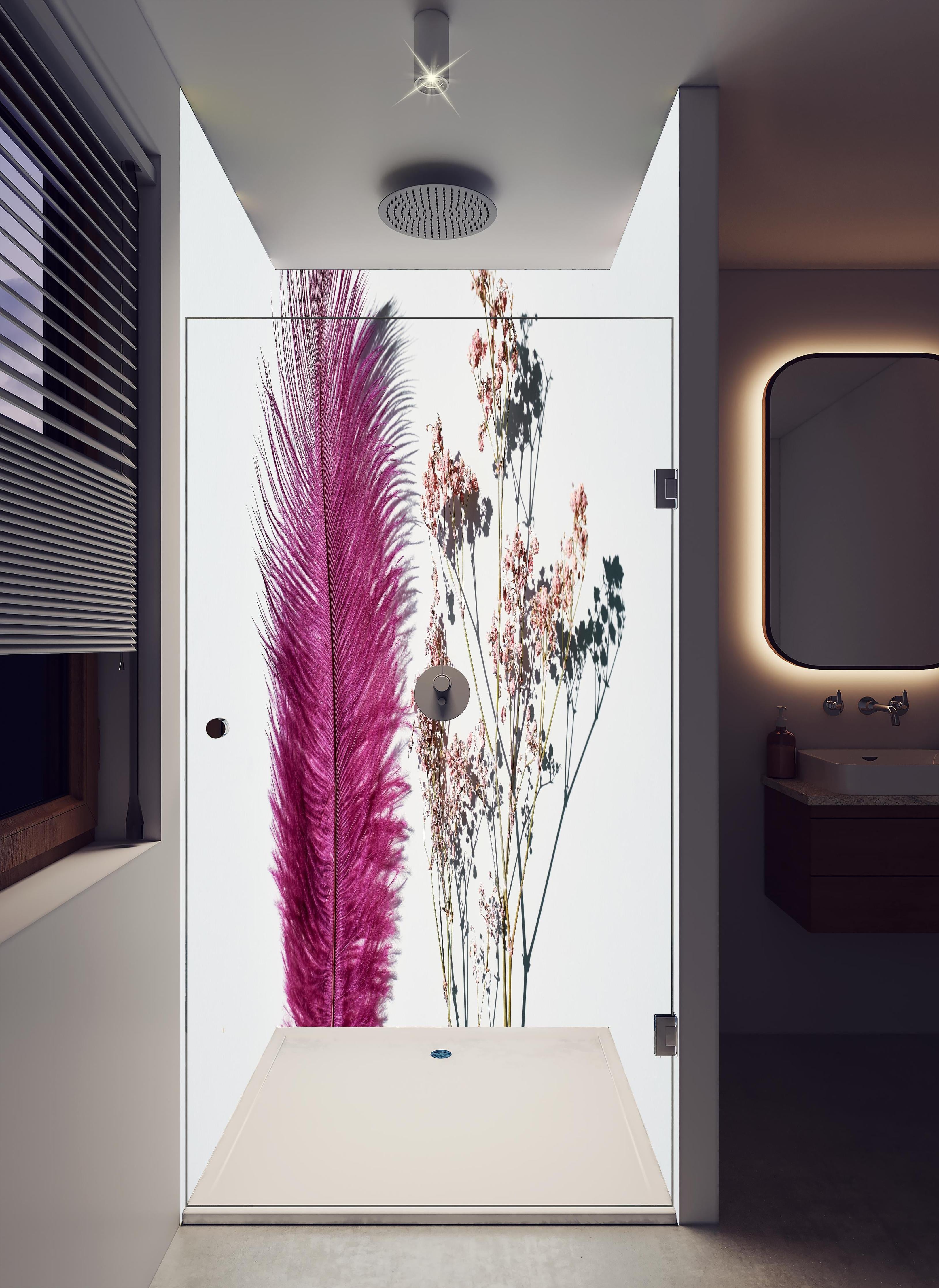 Duschrückwand - Rosa Feder und Trockenblumen in hellem Badezimmer mit Regenduschkopf - zweiteilige Eck-Duschrückwand