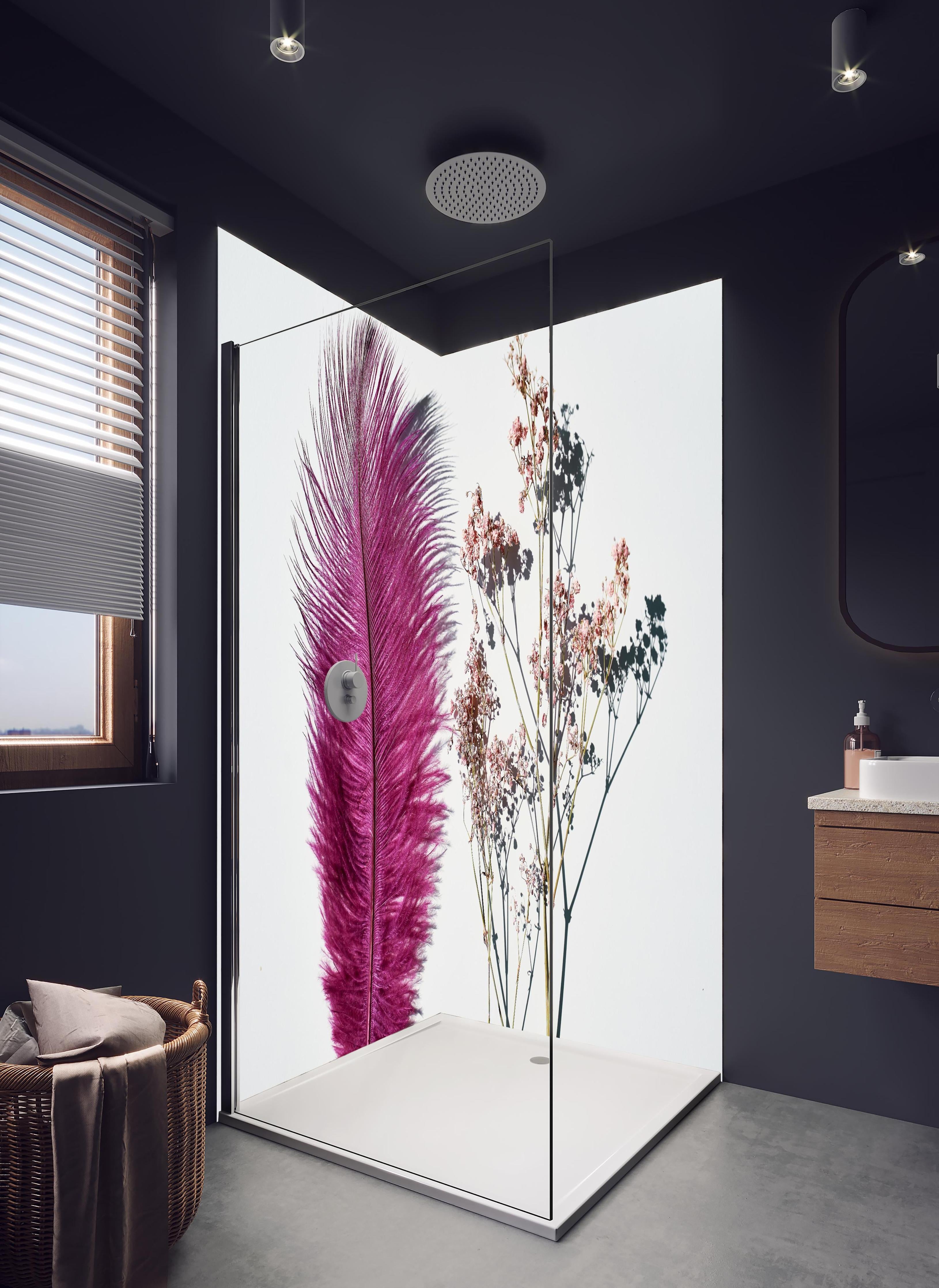 Duschrückwand - Rosa Feder und Trockenblumen in hellem Badezimmer mit Regenduschkopf - zweiteilige Eck-Duschrückwand