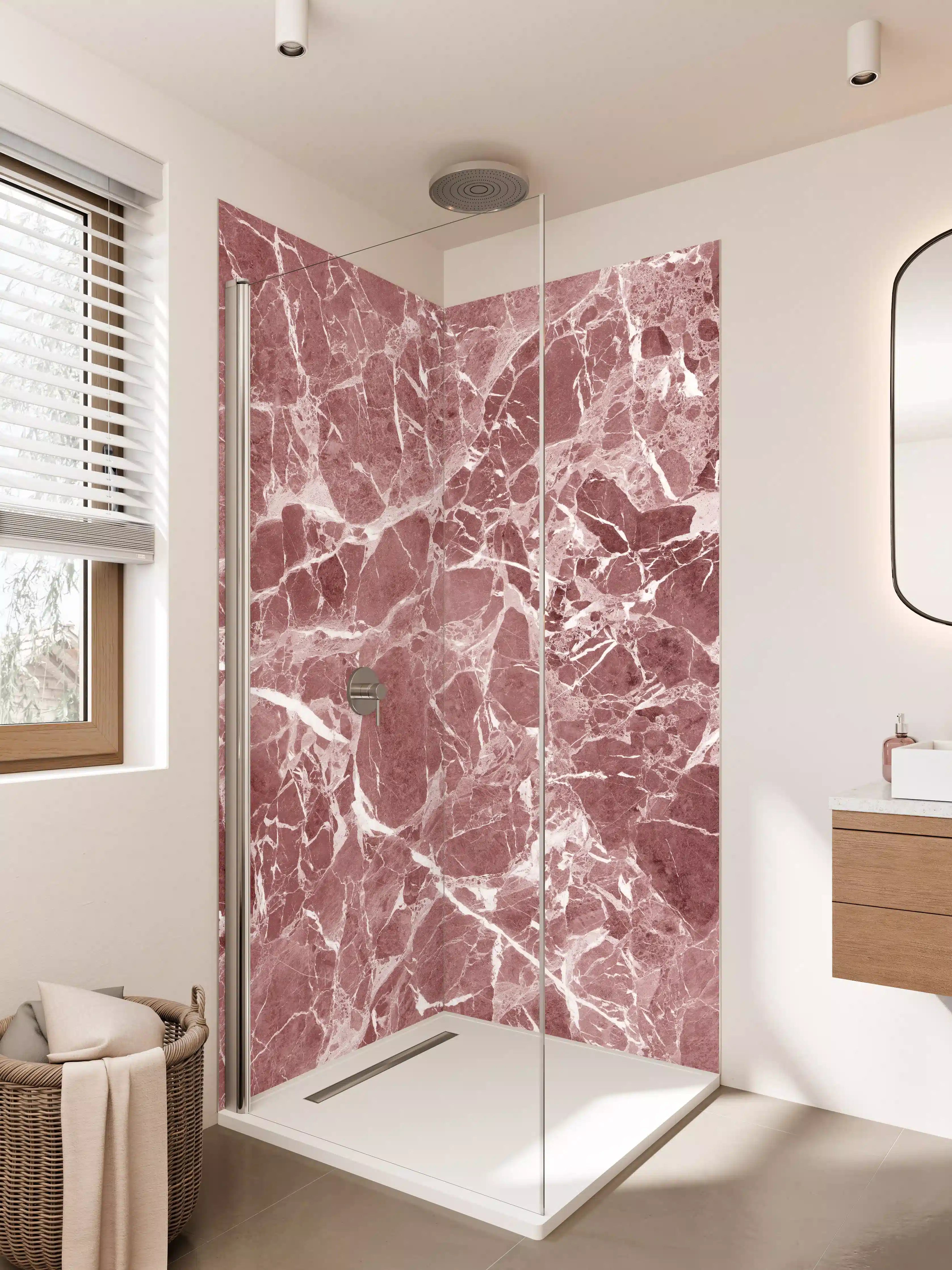 Duschrückwand - Rosa Marmor mit weißen Adern