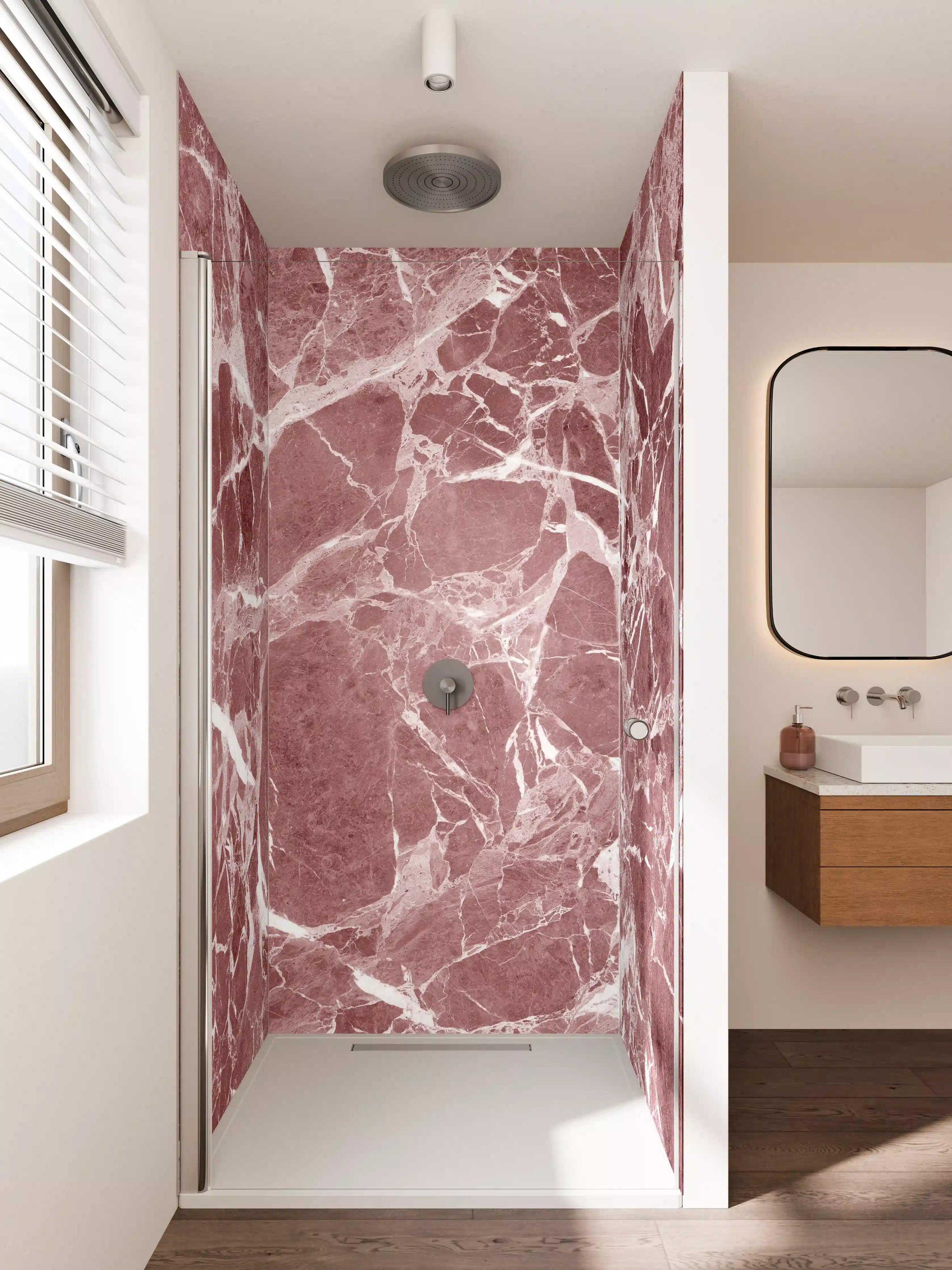 Duschrückwand - Rosa Marmor mit weißen Adern