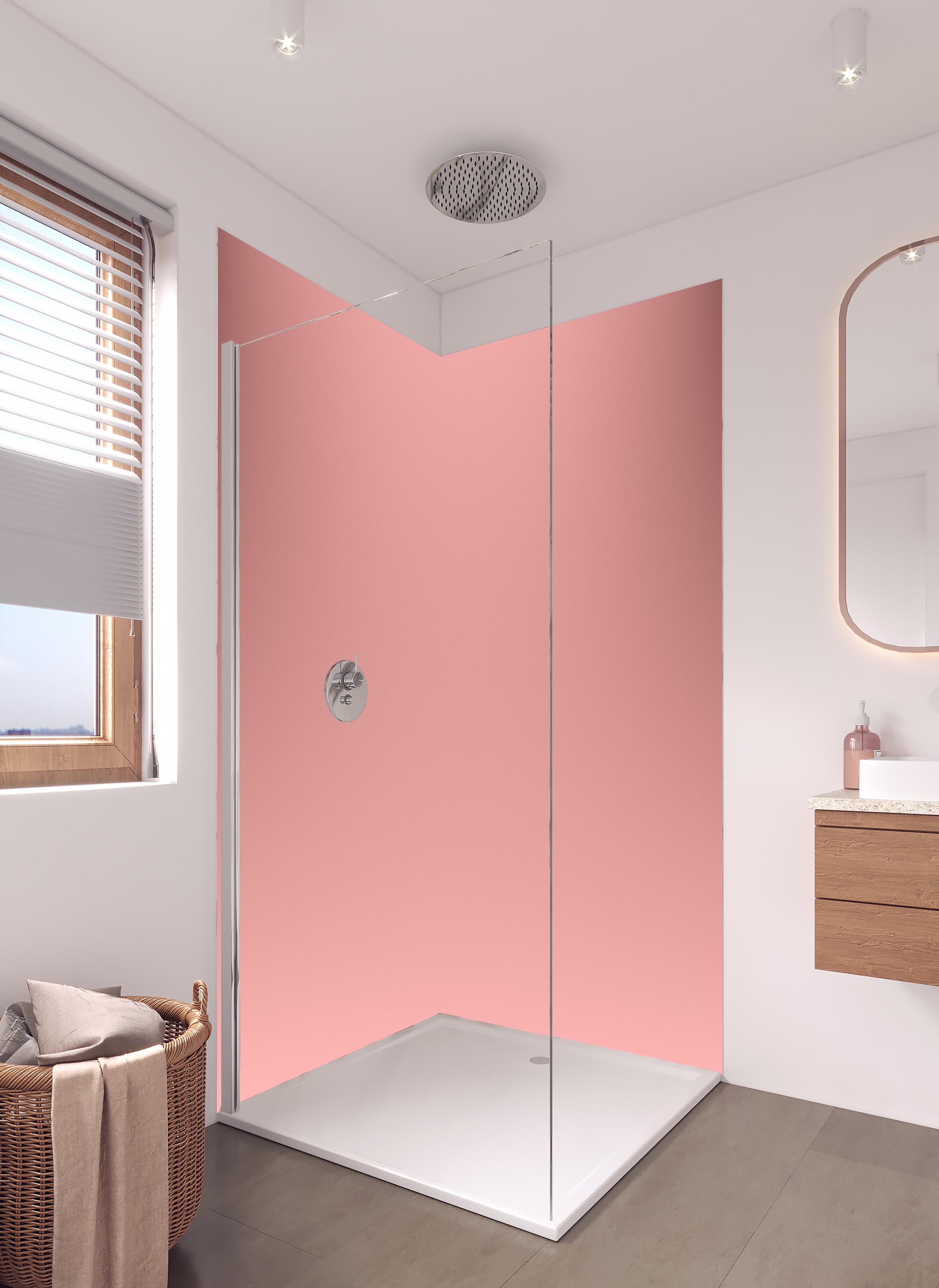 Duschrückwand - Rosa Oberfläche - Papiertextur in hellem Badezimmer mit Regenduschkopf - zweiteilige Eck-Duschrückwand