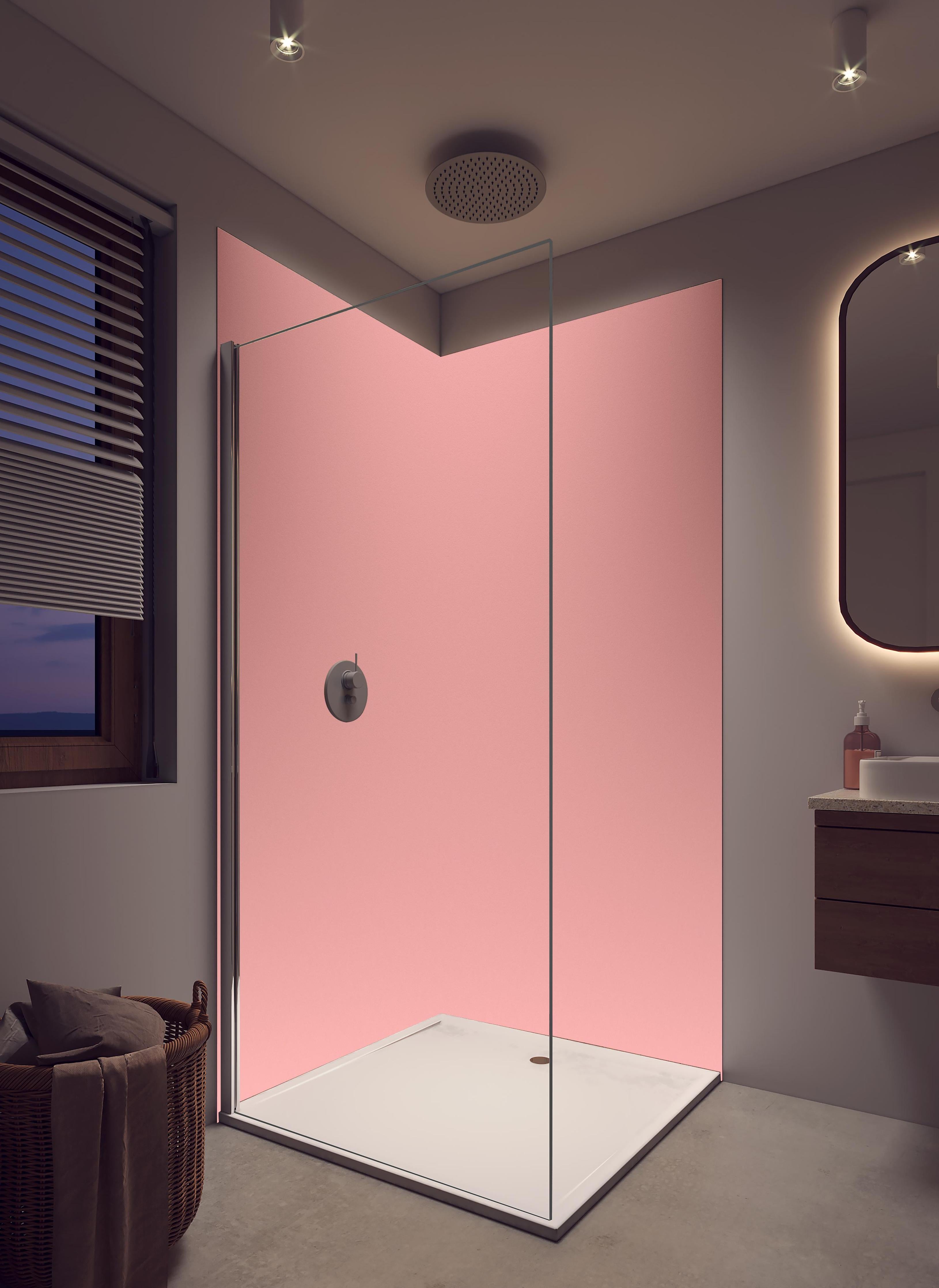 Duschrückwand - Rosa Oberfläche - Papiertextur in hellem Badezimmer mit Regenduschkopf - zweiteilige Eck-Duschrückwand