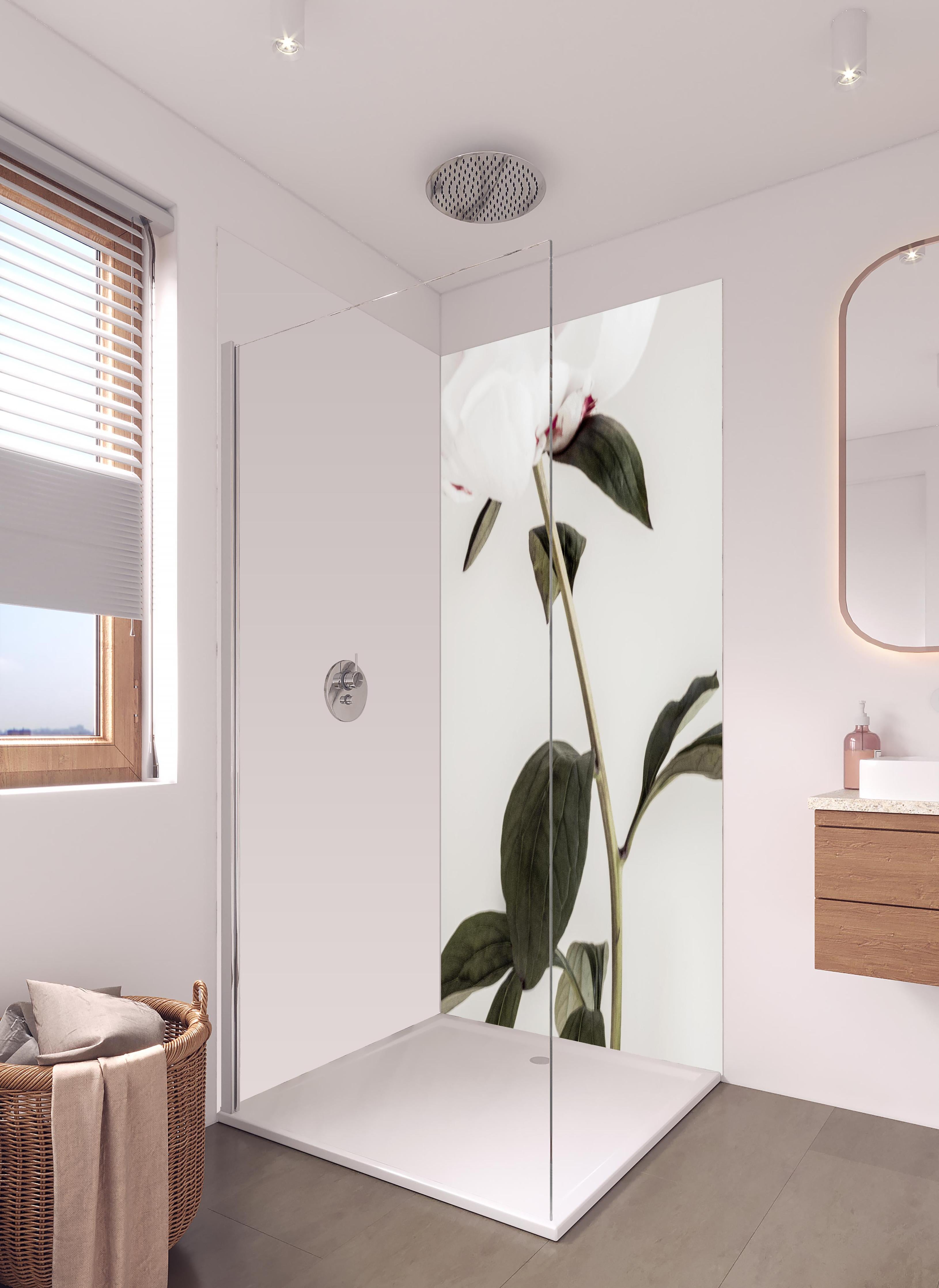 Duschrückwand - Rosa Pfingstrose - Nahaufnahme in hellem Badezimmer mit Regenduschkopf - zweiteilige Eck-Duschrückwand