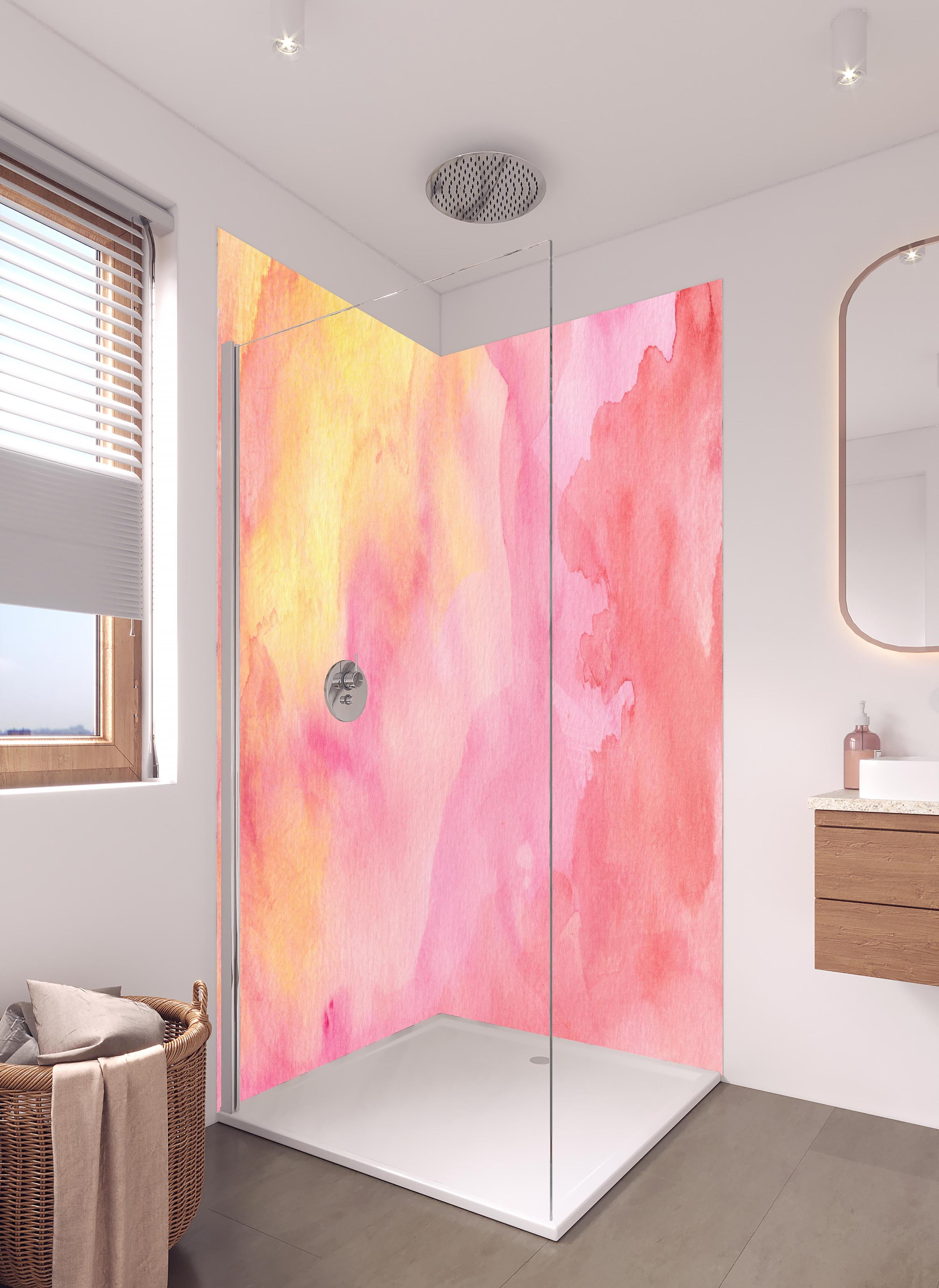 Duschrückwand - Rosa Verwaschenes Farben-Design in hellem Badezimmer mit Regenduschkopf - zweiteilige Eck-Duschrückwand