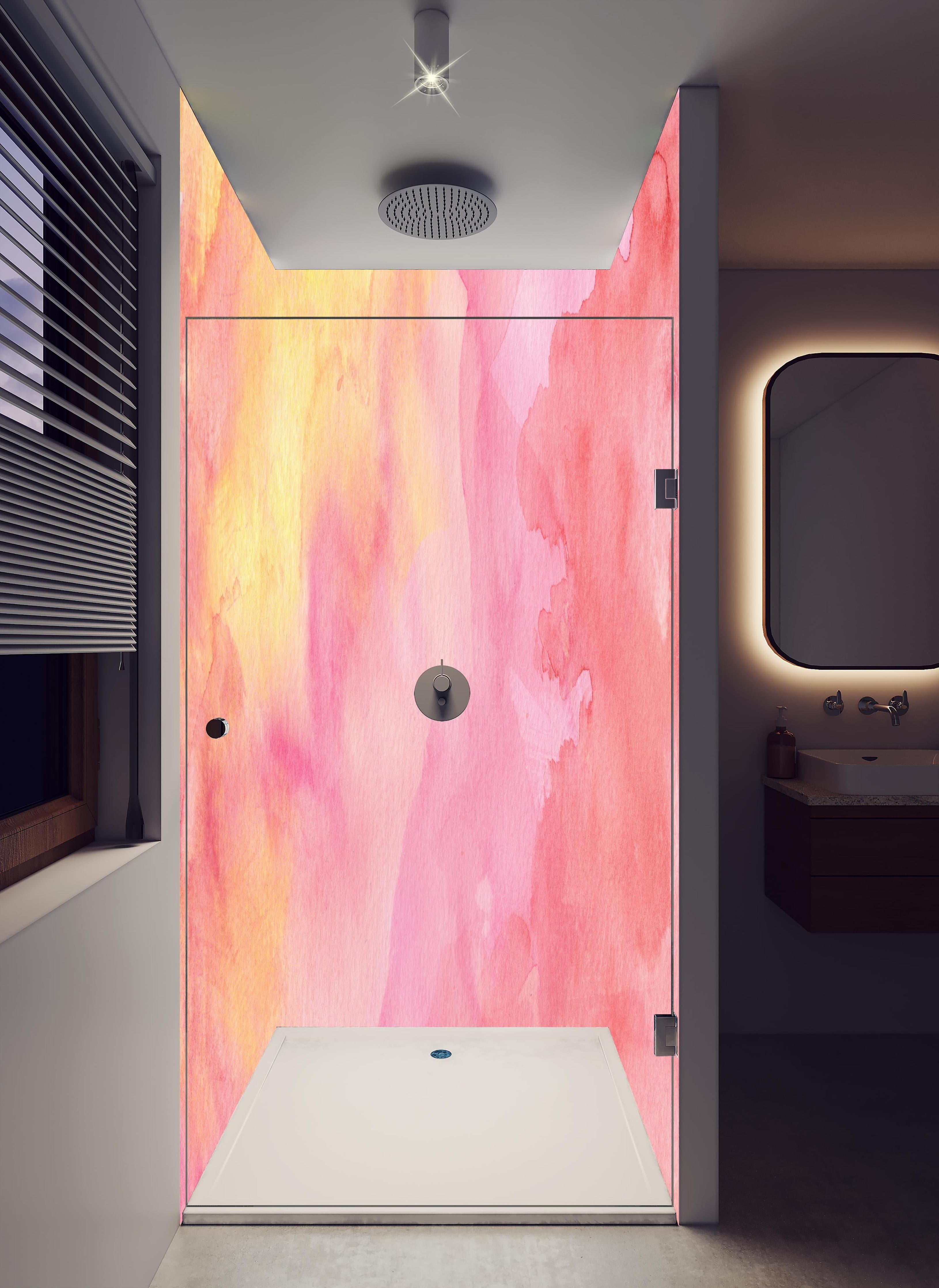 Duschrückwand - Rosa Verwaschenes Farben-Design in hellem Badezimmer mit Regenduschkopf - zweiteilige Eck-Duschrückwand