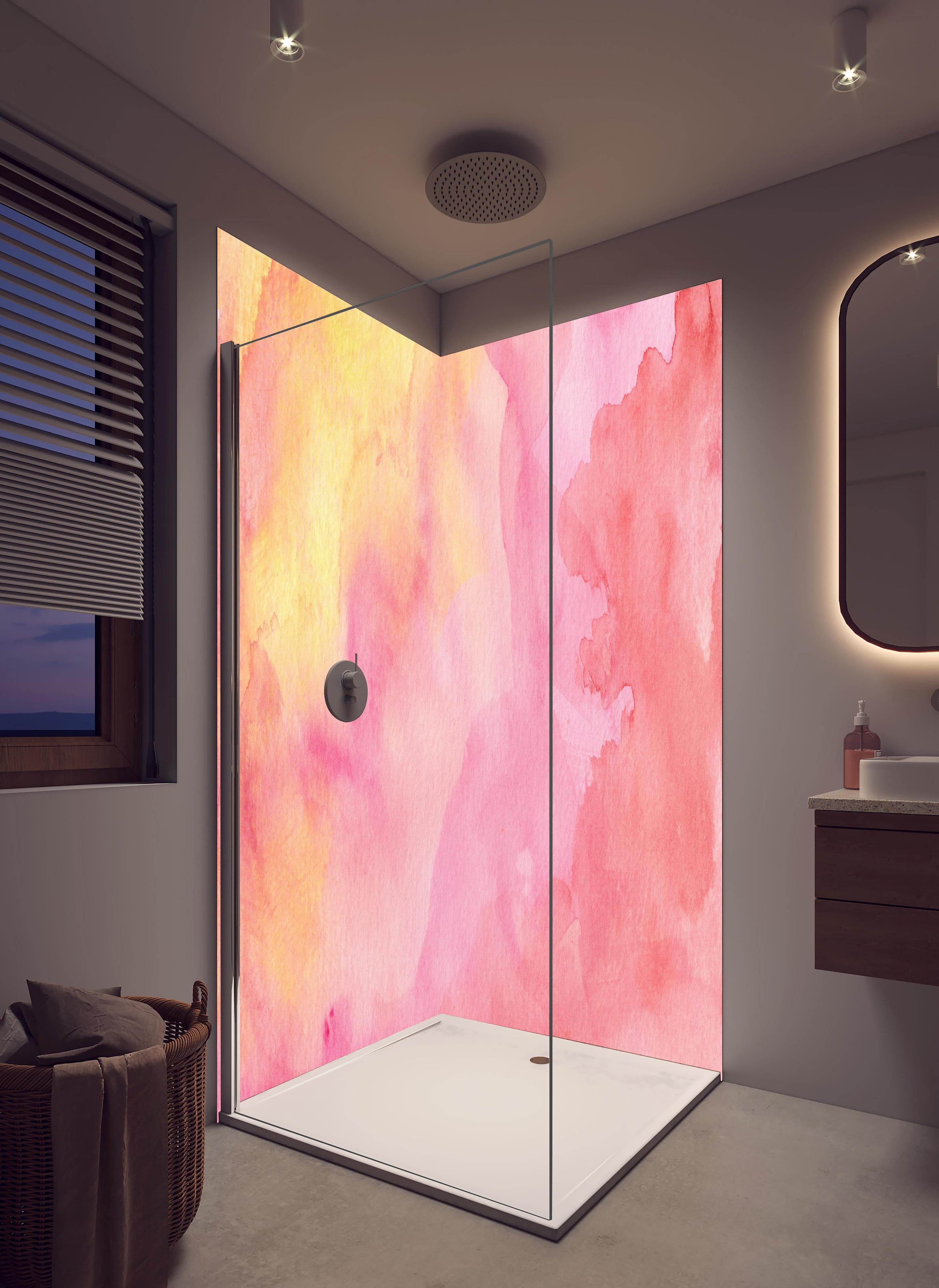 Duschrückwand - Rosa Verwaschenes Farben-Design in hellem Badezimmer mit Regenduschkopf - zweiteilige Eck-Duschrückwand