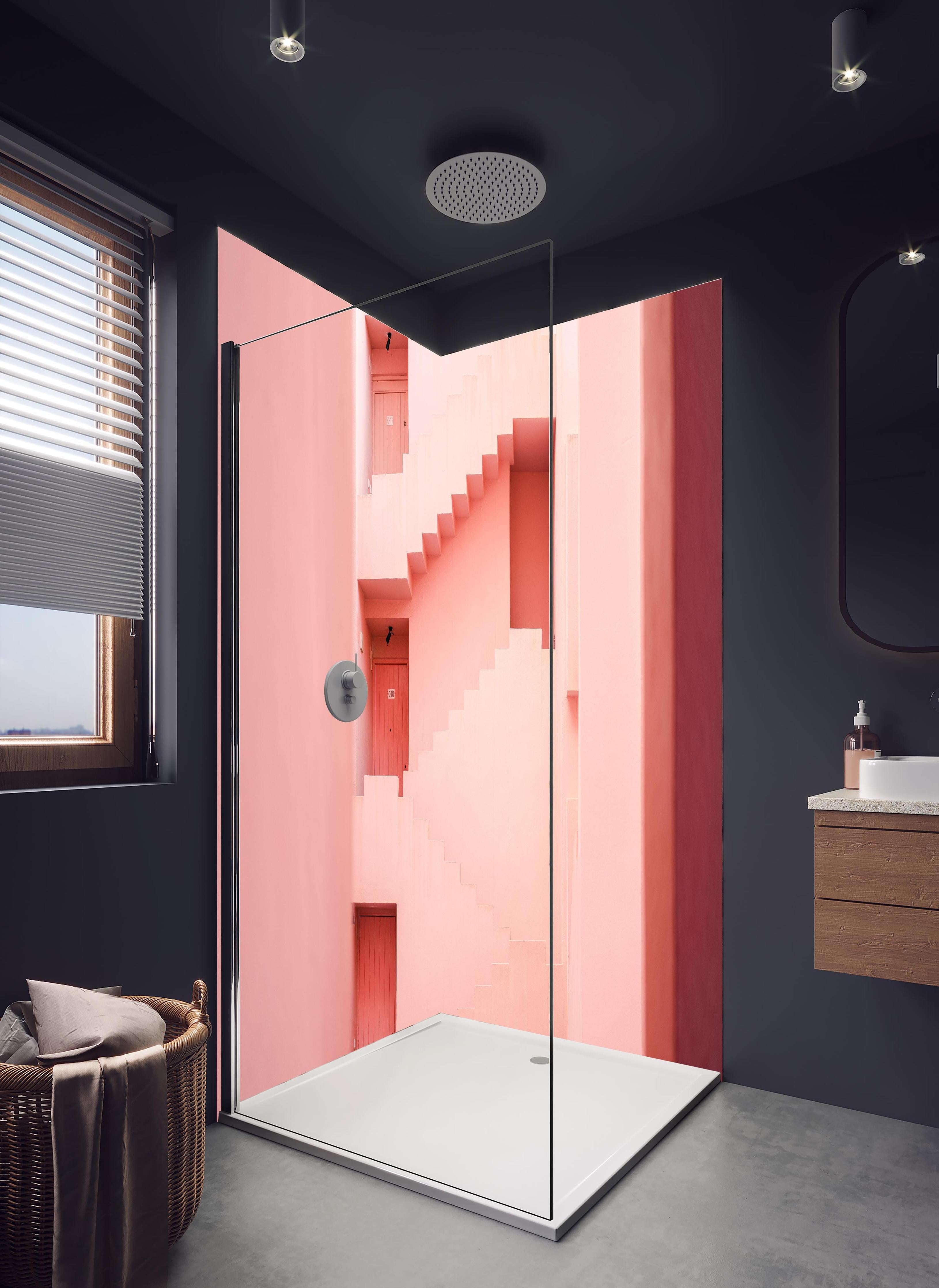 Duschrückwand - Rosafarbene Architektur La Muralla Roja in hellem Badezimmer mit Regenduschkopf - zweiteilige Eck-Duschrückwand