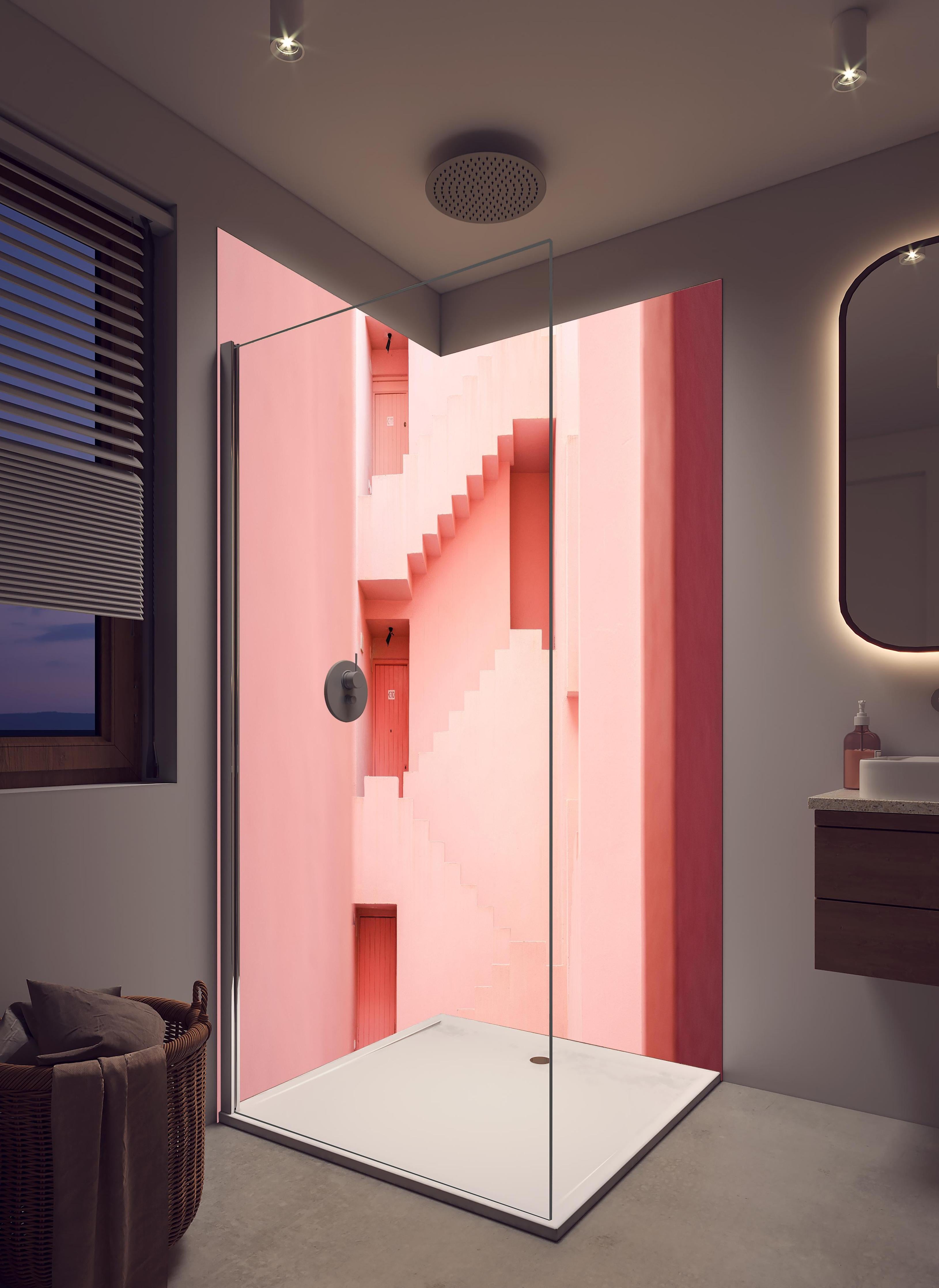 Duschrückwand - Rosafarbene Architektur La Muralla Roja in hellem Badezimmer mit Regenduschkopf - zweiteilige Eck-Duschrückwand
