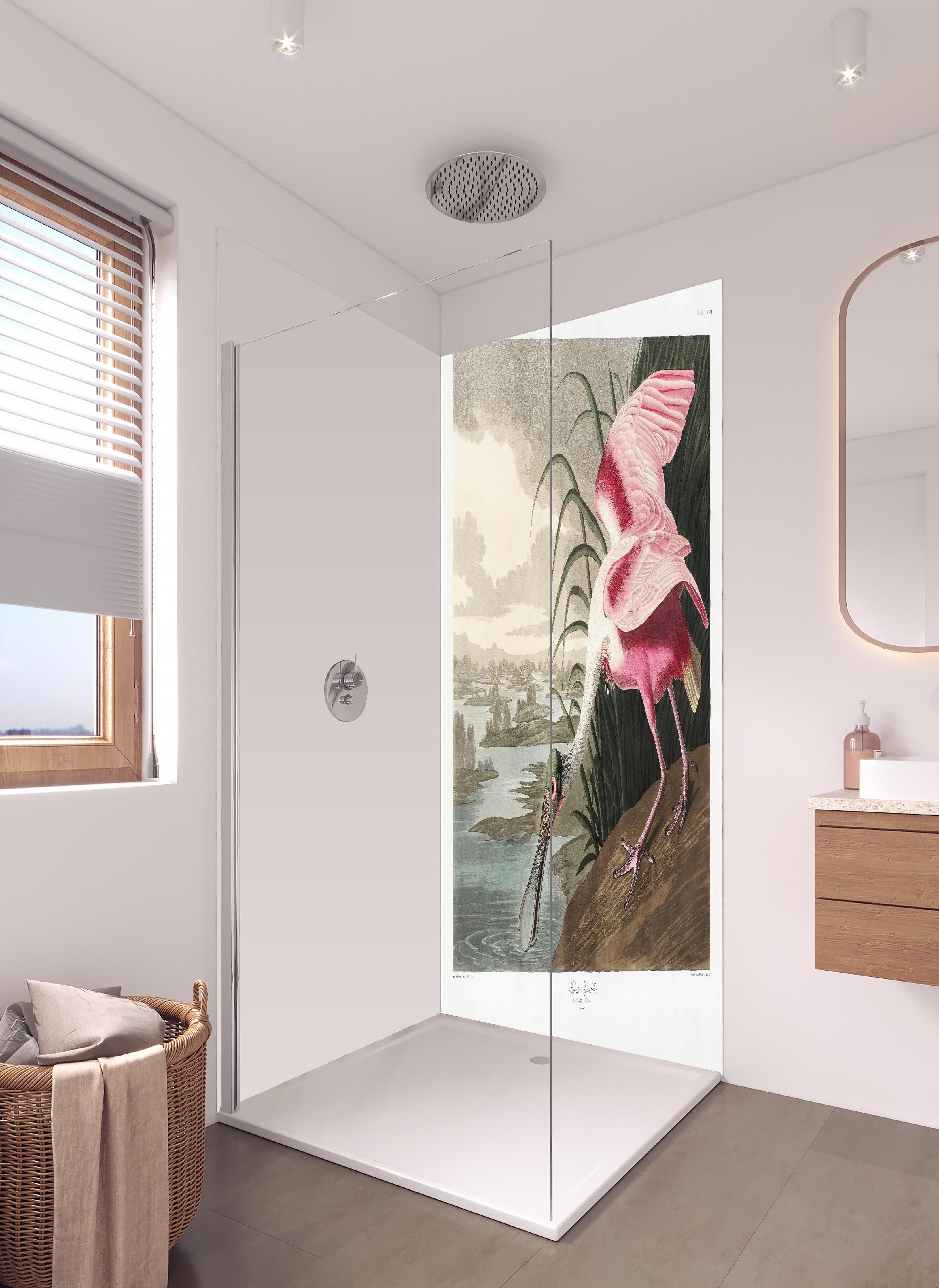 Duschrückwand - Rosalöffler in hellem Badezimmer mit Regenduschkopf - zweiteilige Eck-Duschrückwand